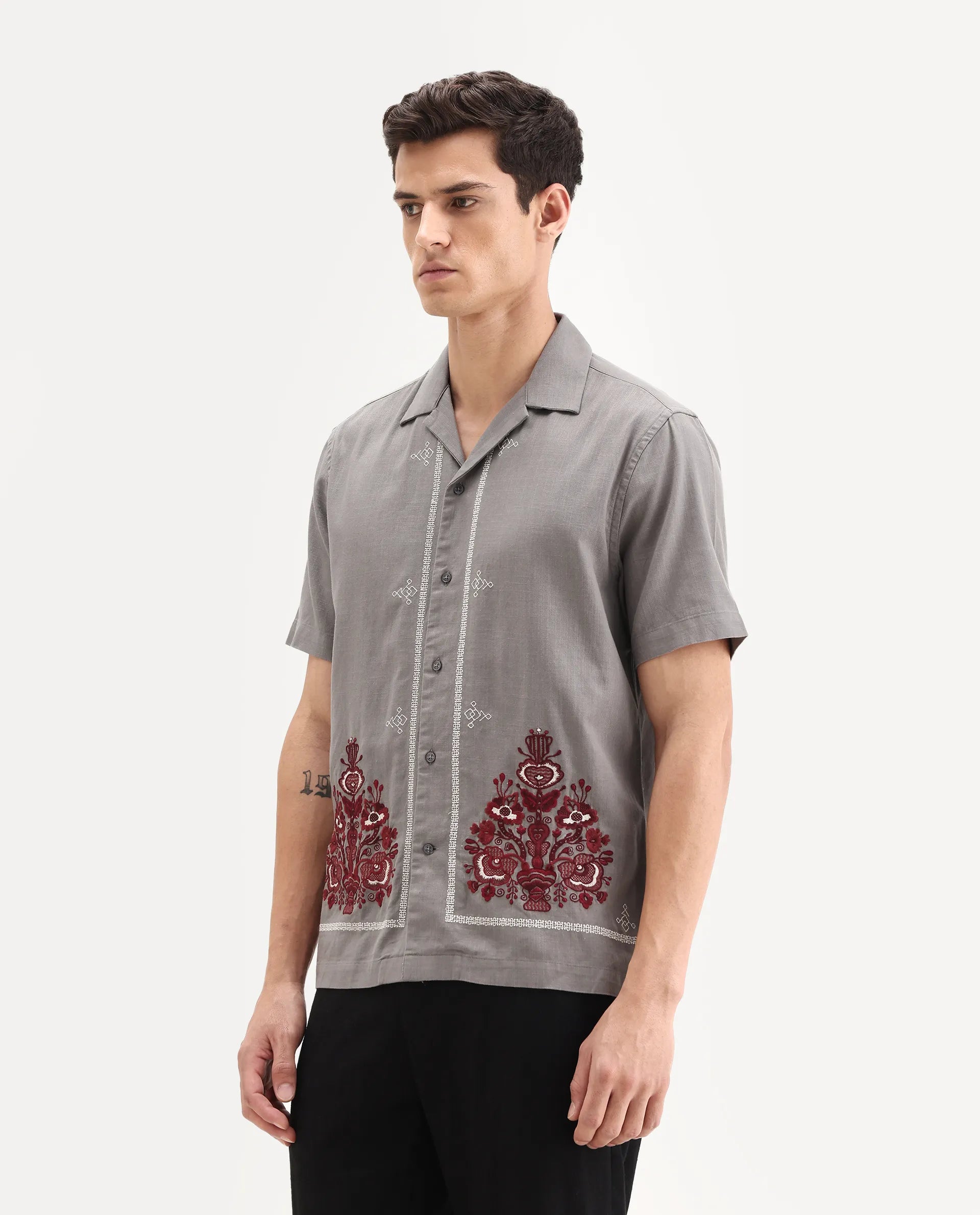 Rare Rabbit Men's Bellac Grey Cotton Embroidered Relaxed Fit Half Sleeve Cuban Collar Shirt