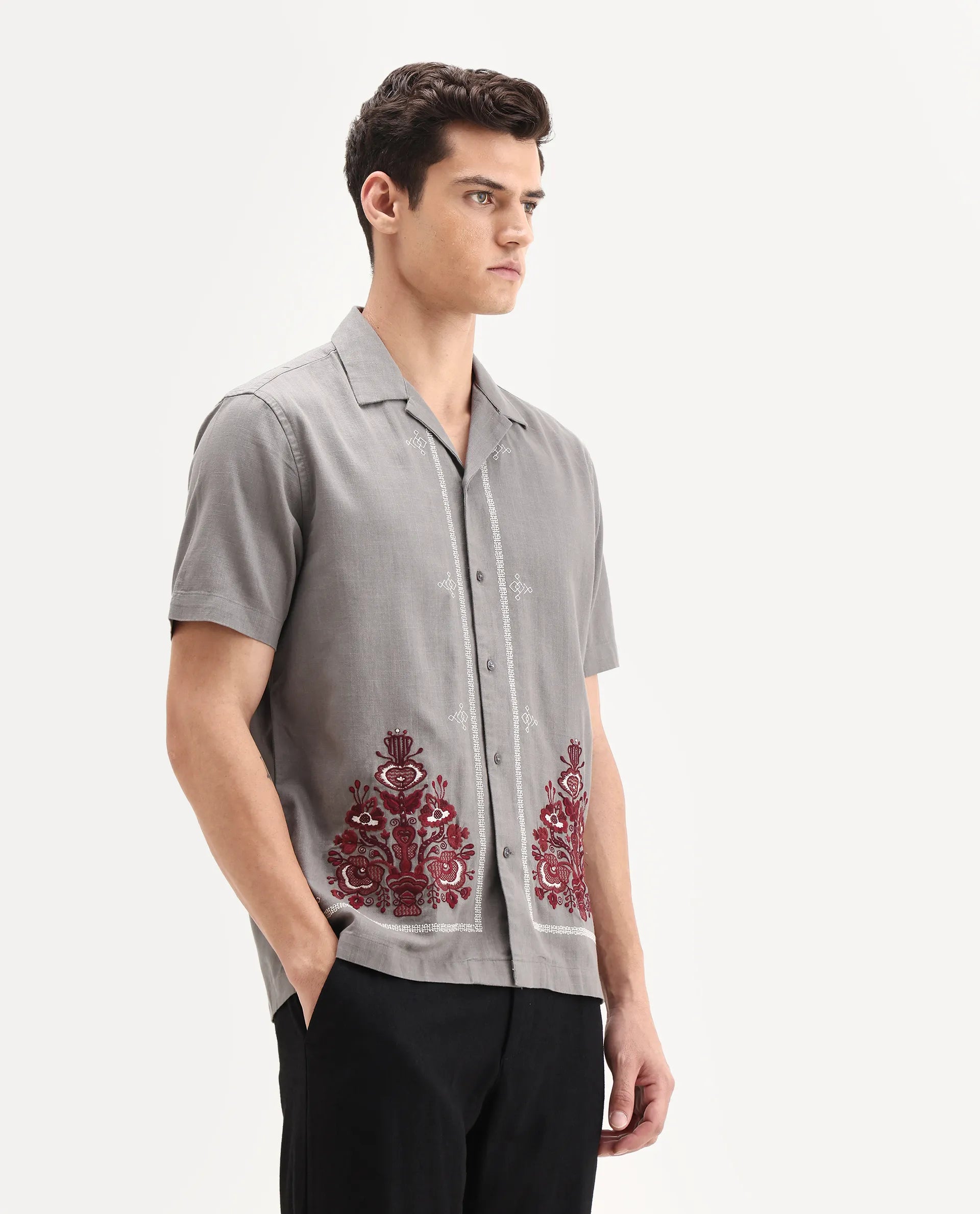 Rare Rabbit Men's Bellac Grey Cotton Embroidered Relaxed Fit Half Sleeve Cuban Collar Shirt