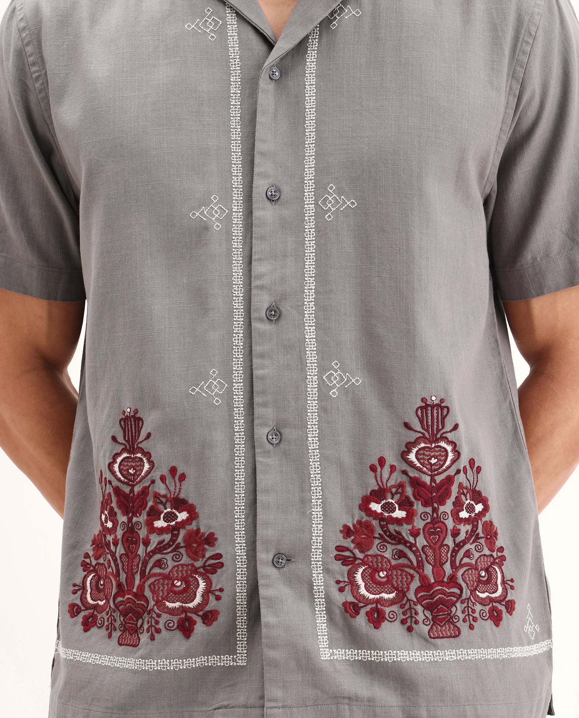 Rare Rabbit Men's Bellac Grey Cotton Embroidered Relaxed Fit Half Sleeve Cuban Collar Shirt