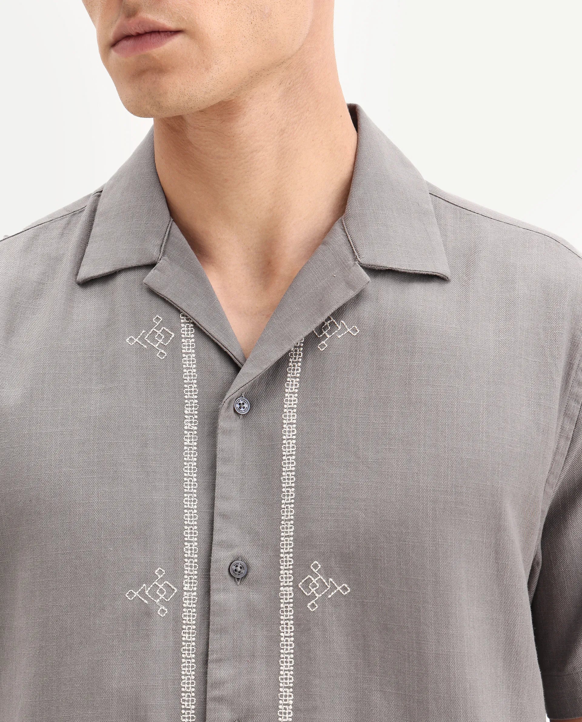 Rare Rabbit Men's Bellac Grey Cotton Embroidered Relaxed Fit Half Sleeve Cuban Collar Shirt