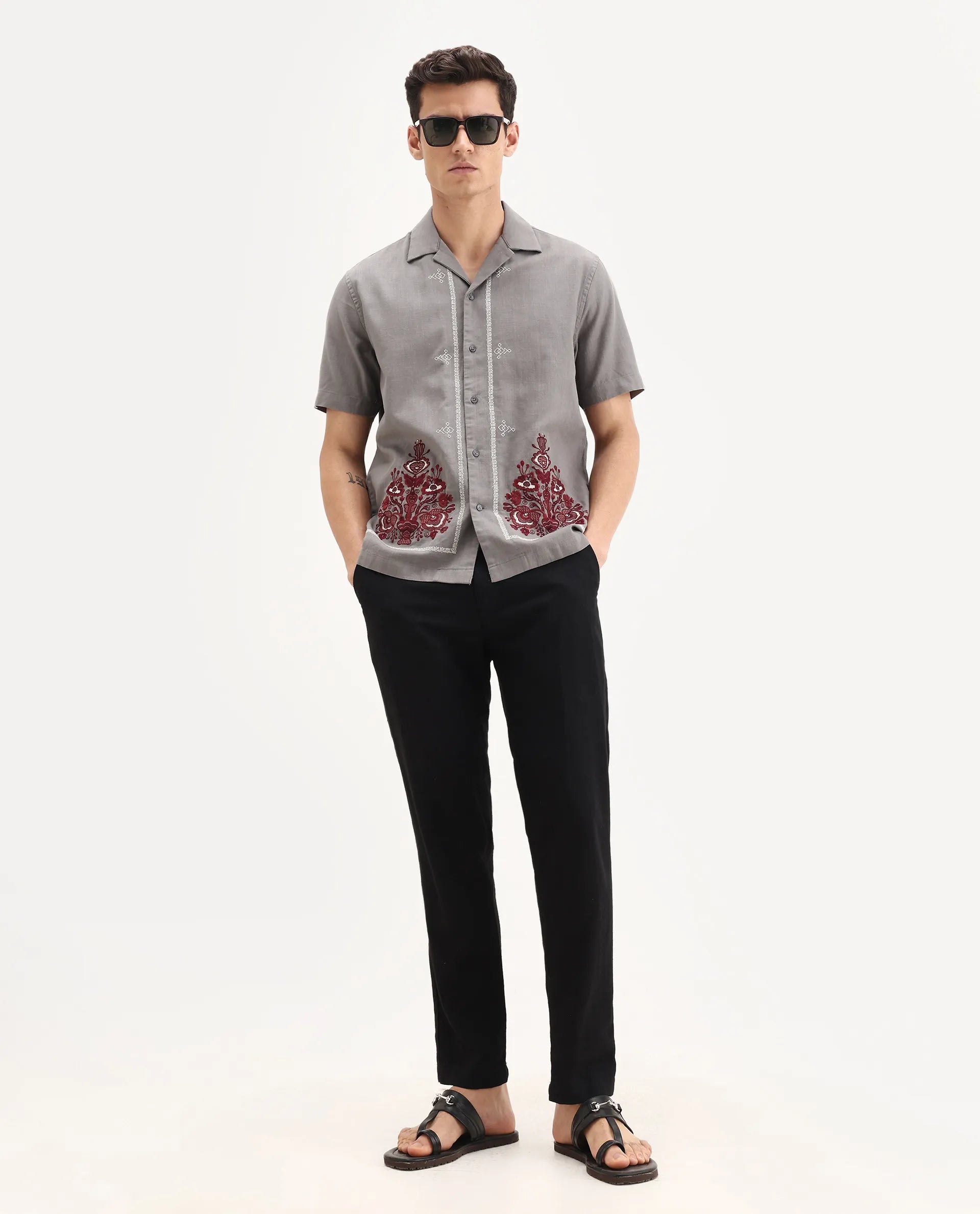 Rare Rabbit Men's Bellac Grey Cotton Embroidered Relaxed Fit Half Sleeve Cuban Collar Shirt