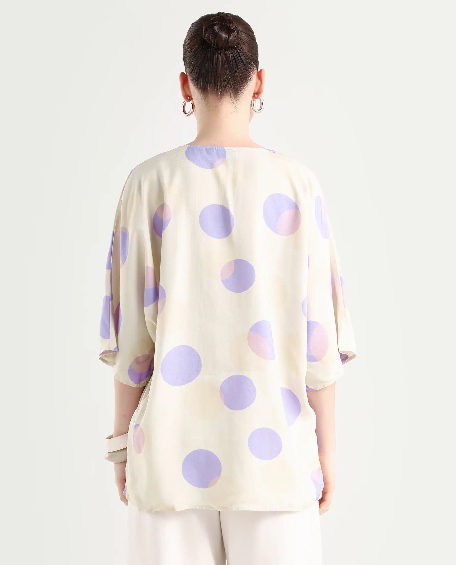 Rareism Women's Bell Beige Viscose V-Neck Polka Print Bell Sleeve Boxy Fit Top