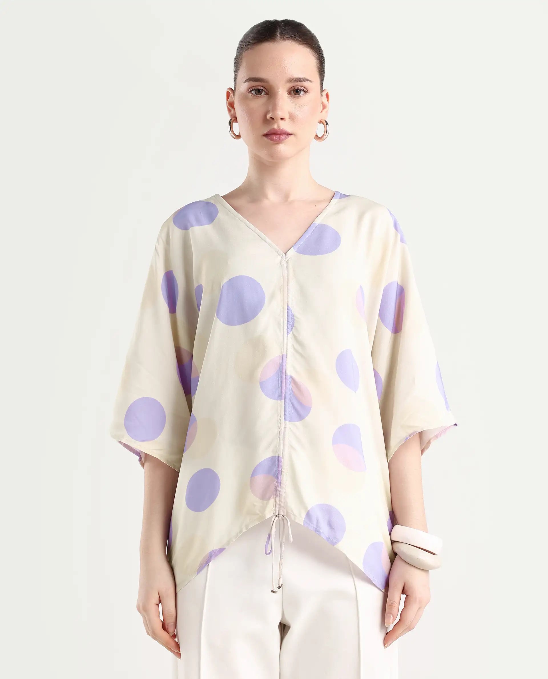 Rareism Women's Bell Beige Viscose V-Neck Polka Print Bell Sleeve Boxy Fit Top