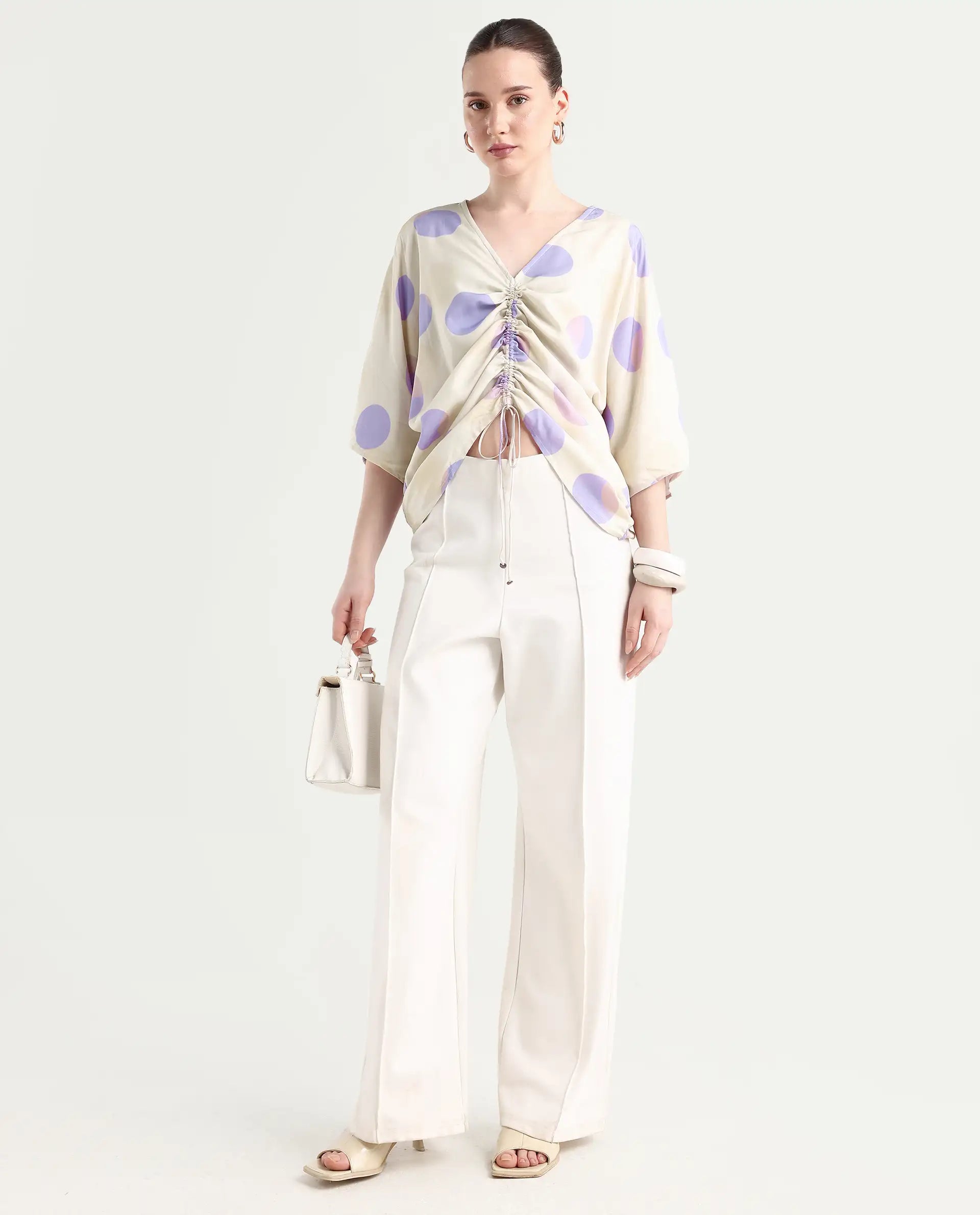 Rareism Women's Bell Beige Viscose V-Neck Polka Print Bell Sleeve Boxy Fit Top