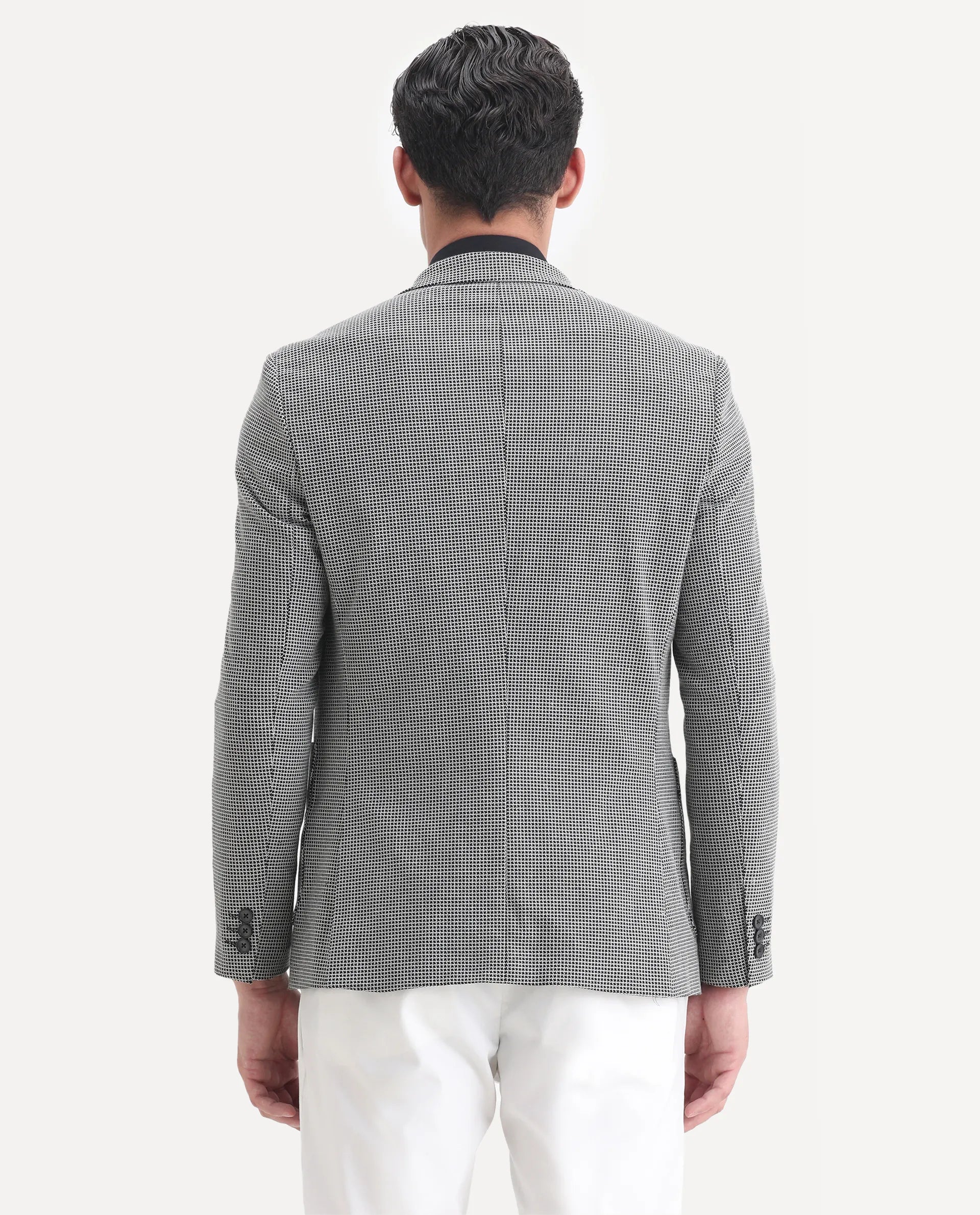 Rare Rabbit Men's Bellion Black Polyester Checked Print Tailored Fit Full Sleeve Lapel Neck Blazer