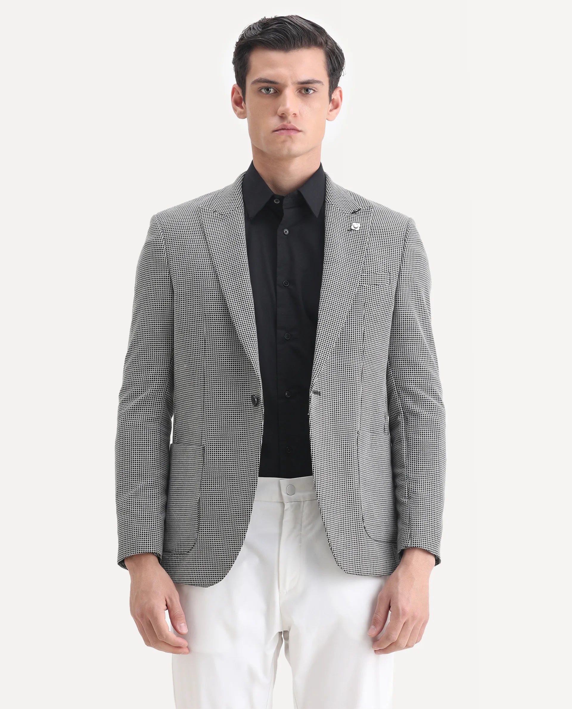 Rare Rabbit Men's Bellion Black Polyester Checked Print Tailored Fit Full Sleeve Lapel Neck Blazer