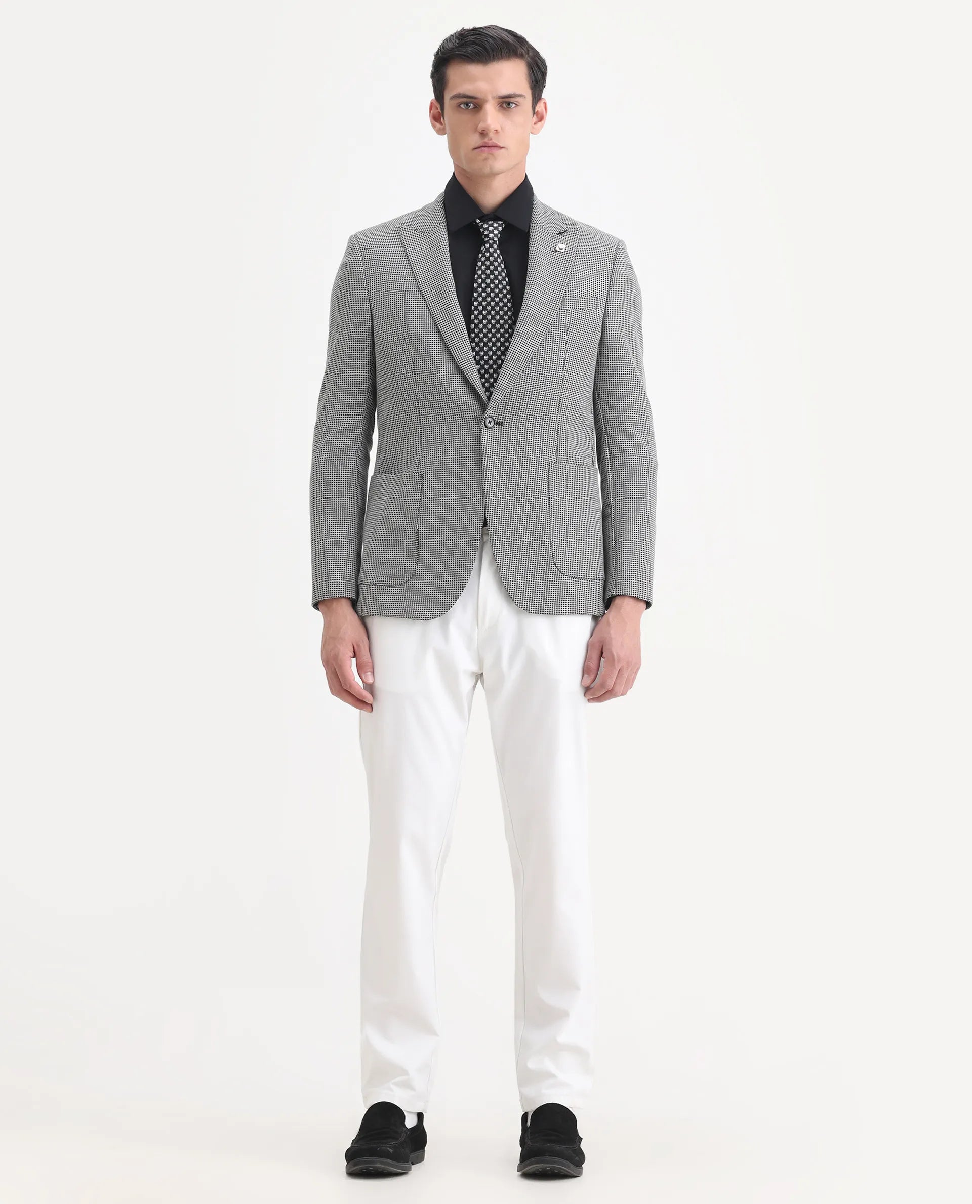 Rare Rabbit Men's Bellion Black Polyester Checked Print Tailored Fit Full Sleeve Lapel Neck Blazer