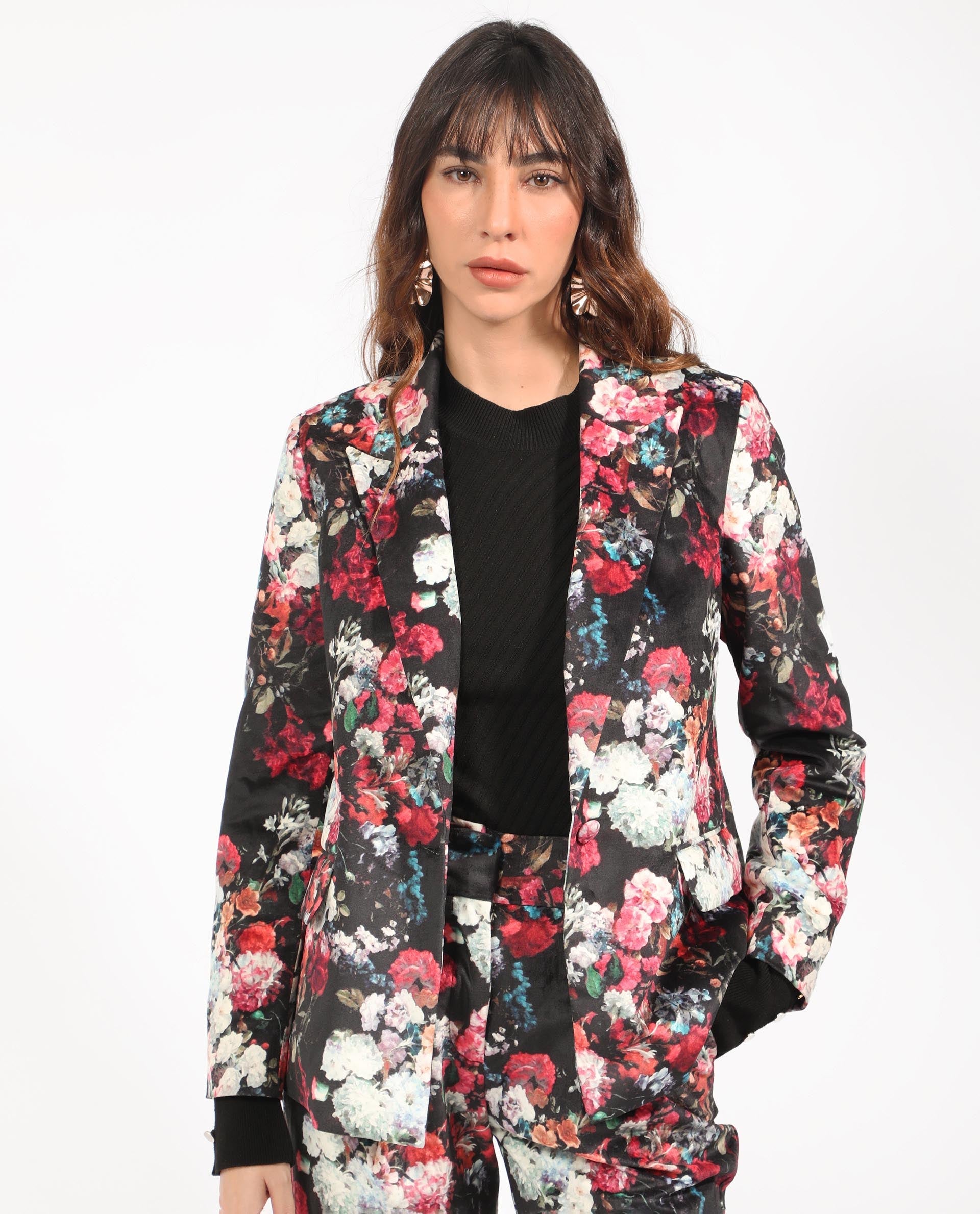 Rareism Women Bellob Black Velvet Fabric Full Sleeves Button Closure Lapel Neck Tailored Fit Floral Print Blazer