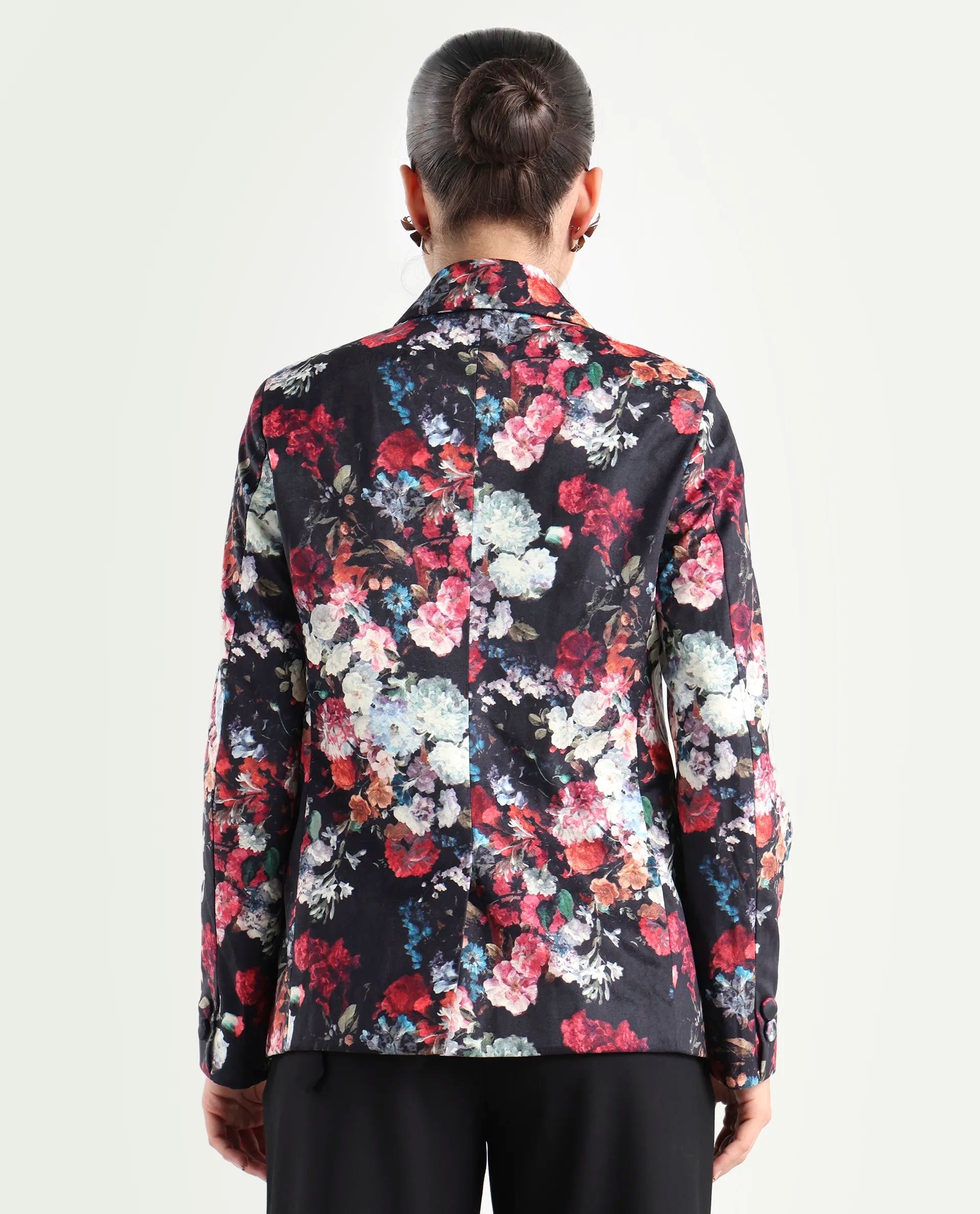 Rareism Women's Bellob Black Velvet Lapel Neck Floral Print Tailored Blazer