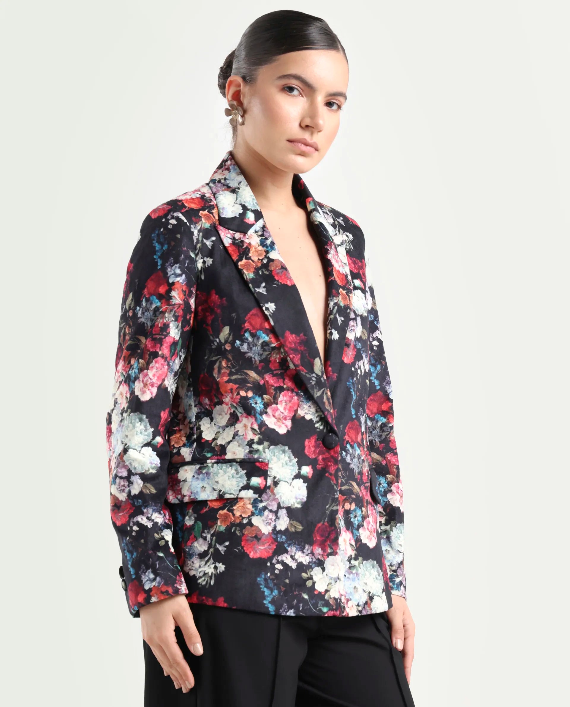 Rareism Women's Bellob Black Velvet Lapel Neck Floral Print Tailored Blazer
