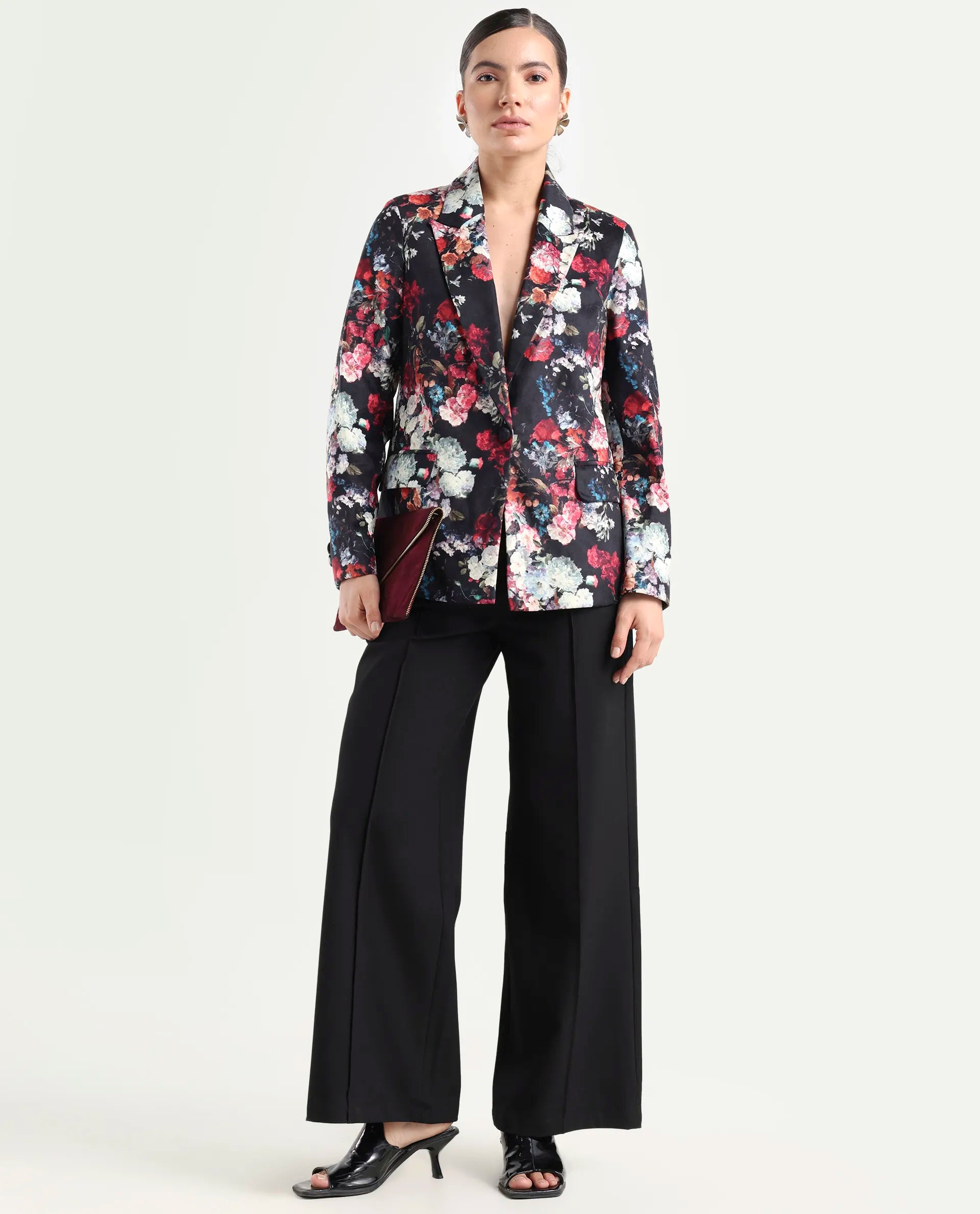 Rareism Women's Bellob Black Velvet Lapel Neck Floral Print Tailored Blazer