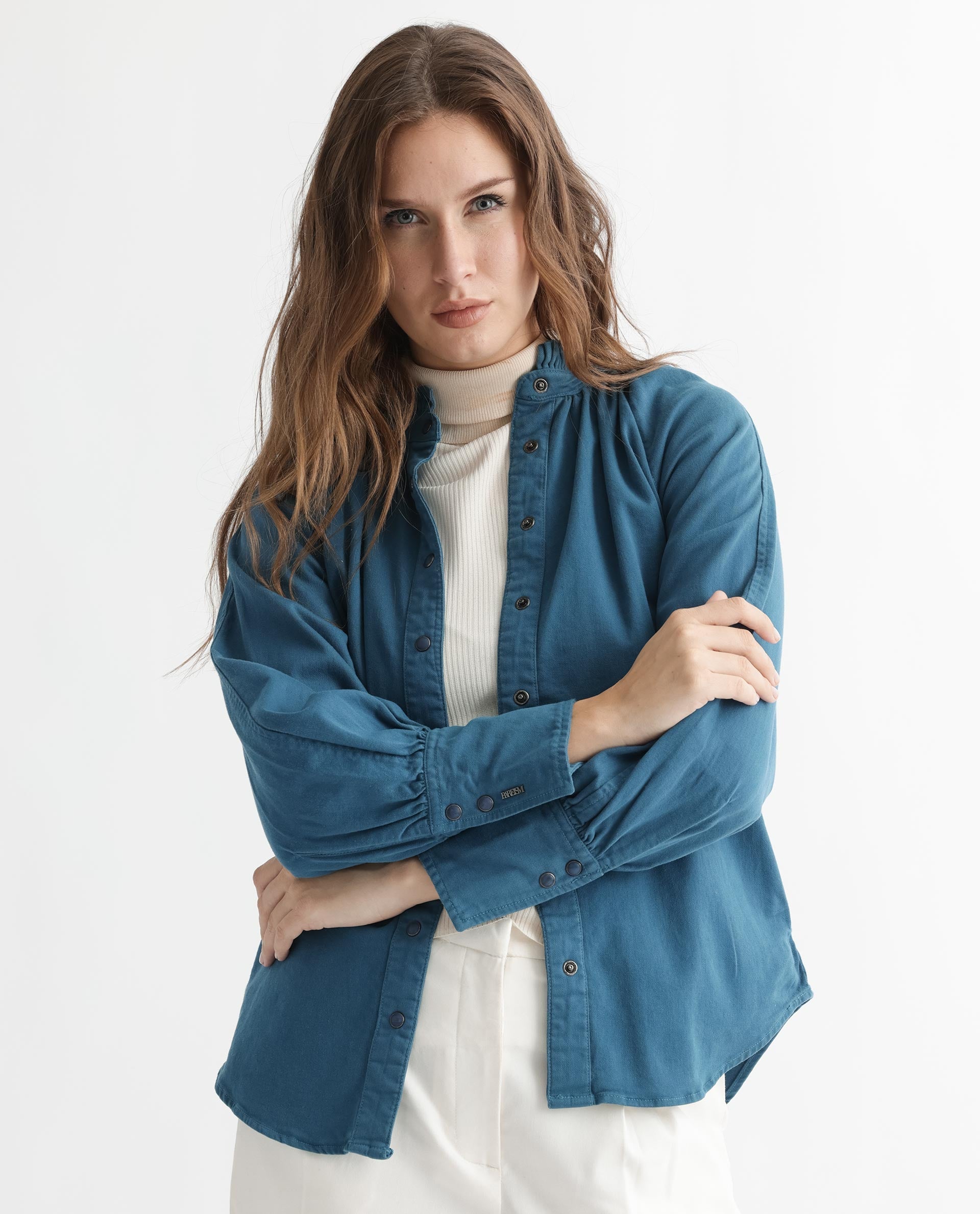 Rareism Women Bellona Petrol Cotton Fabric Full Sleeves Solid Ruffled Neck Jacket