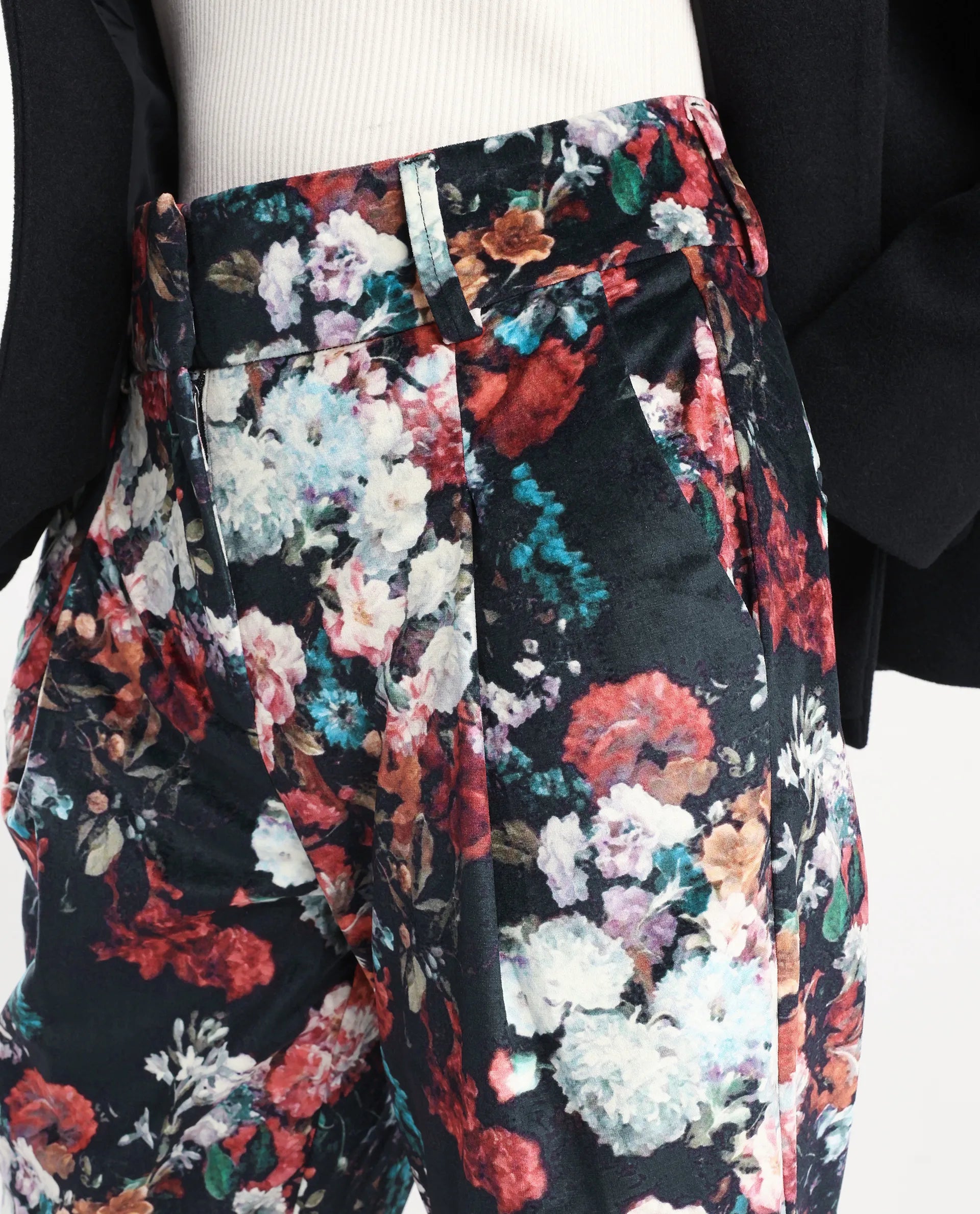 Rareism Women's Bellot Black Velvet Floral Print Ankle Length Slim Fit Trouser