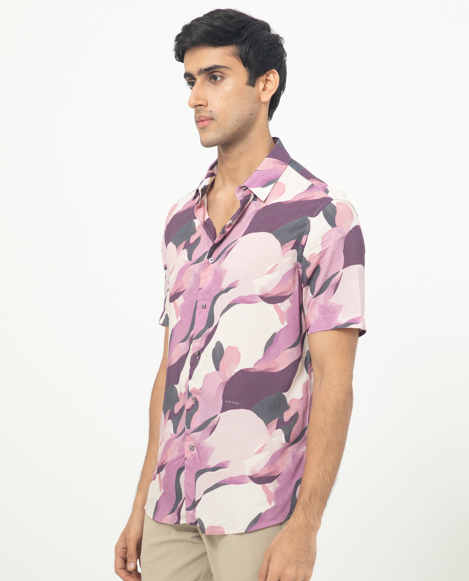 Rare Rabbit Men's Belmont Purple Viscose Fabric Abstract Print Half Sleeves Shirt