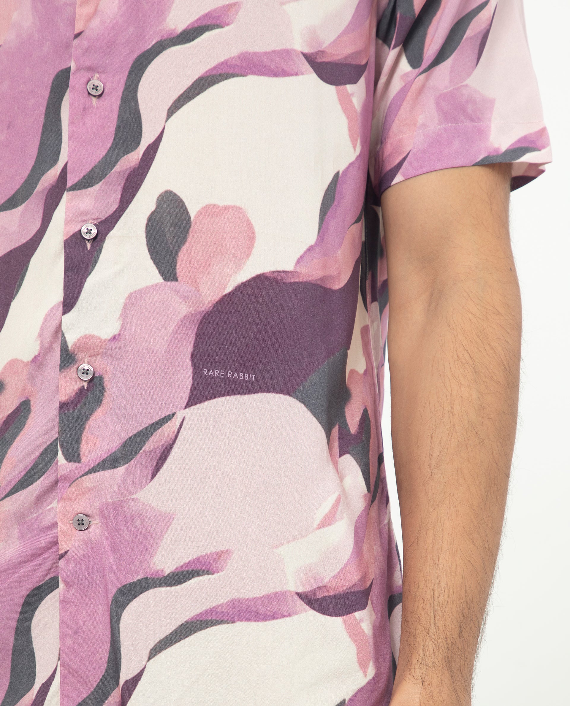Rare Rabbit Men's Belmont Purple Viscose Fabric Abstract Print Half Sleeves Shirt