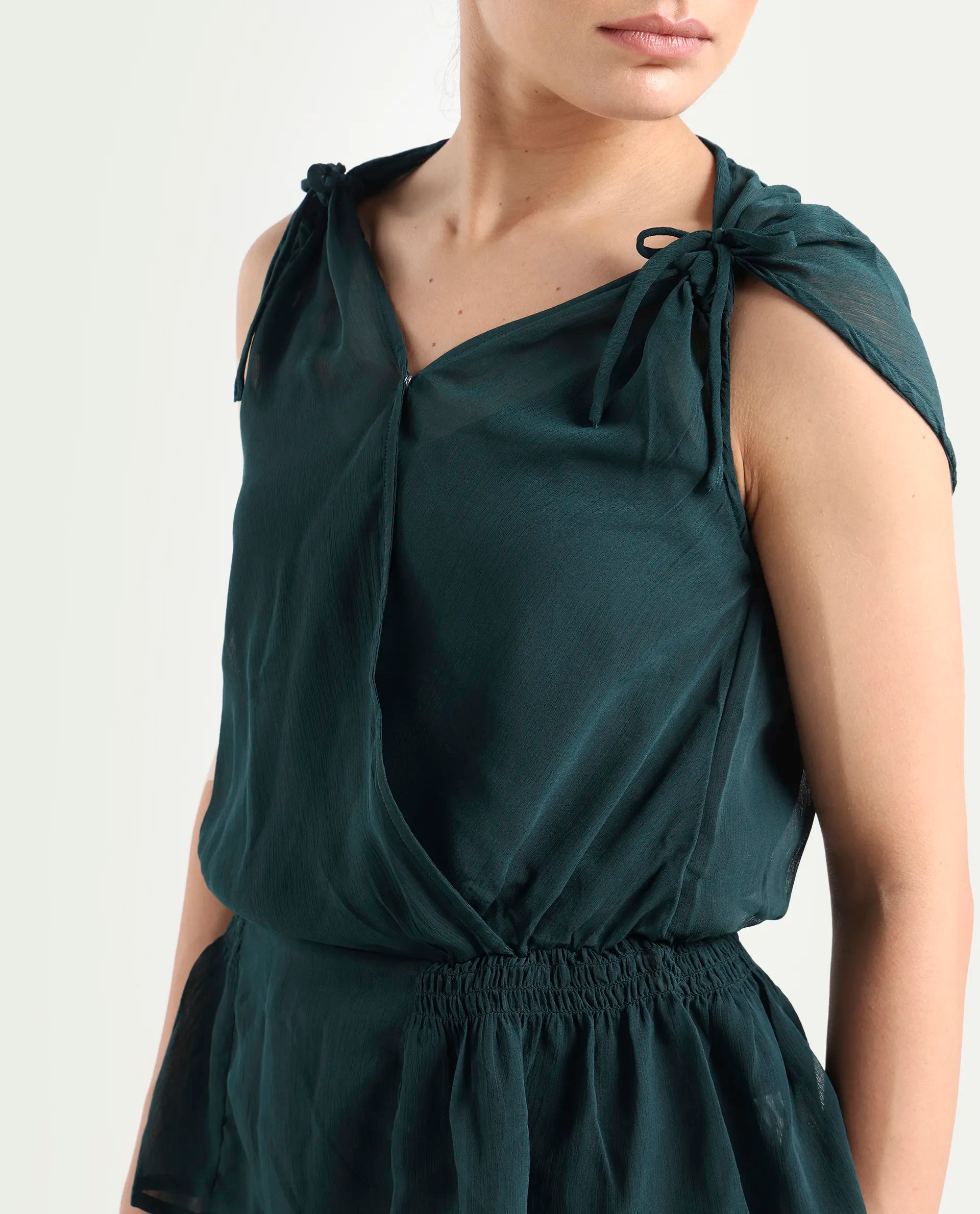 Rareism Women's Belong Green Viscose V-Neck Plain Sleeveless Regular Fit Top