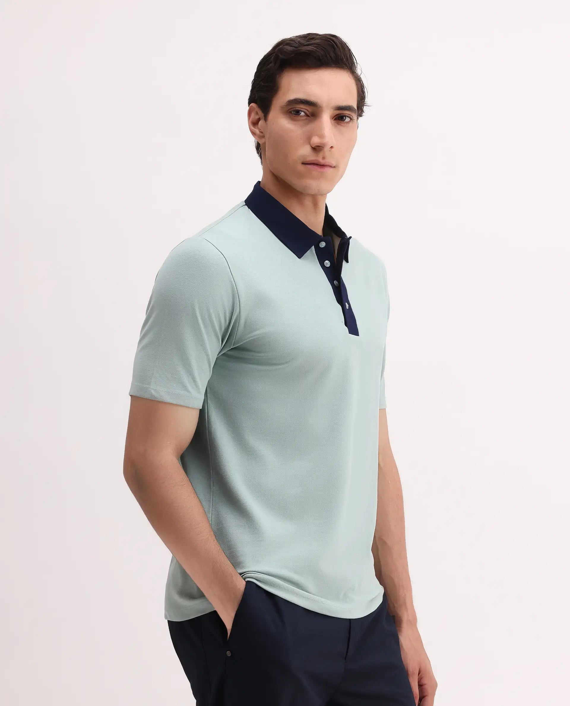 Rare Rabbit Men's Belton Pastel Green Cotton Blend Plain Regular Fit Half Sleeve Polo