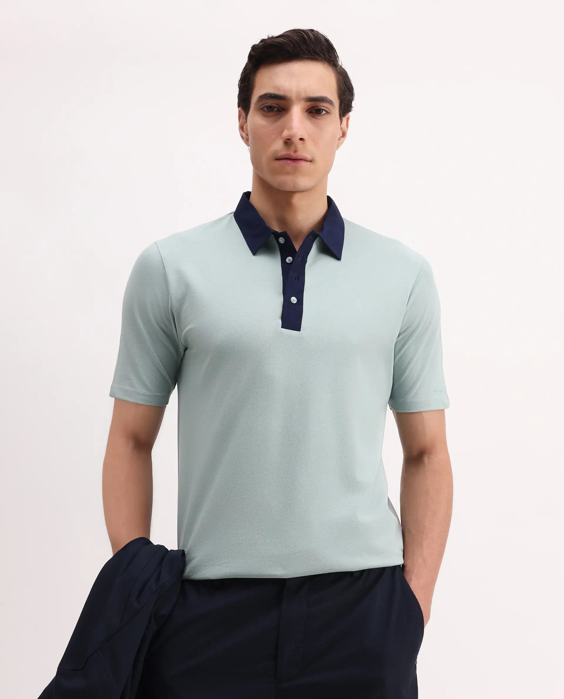 Rare Rabbit Men's Belton Pastel Green Cotton Blend Plain Regular Fit Half Sleeve Polo