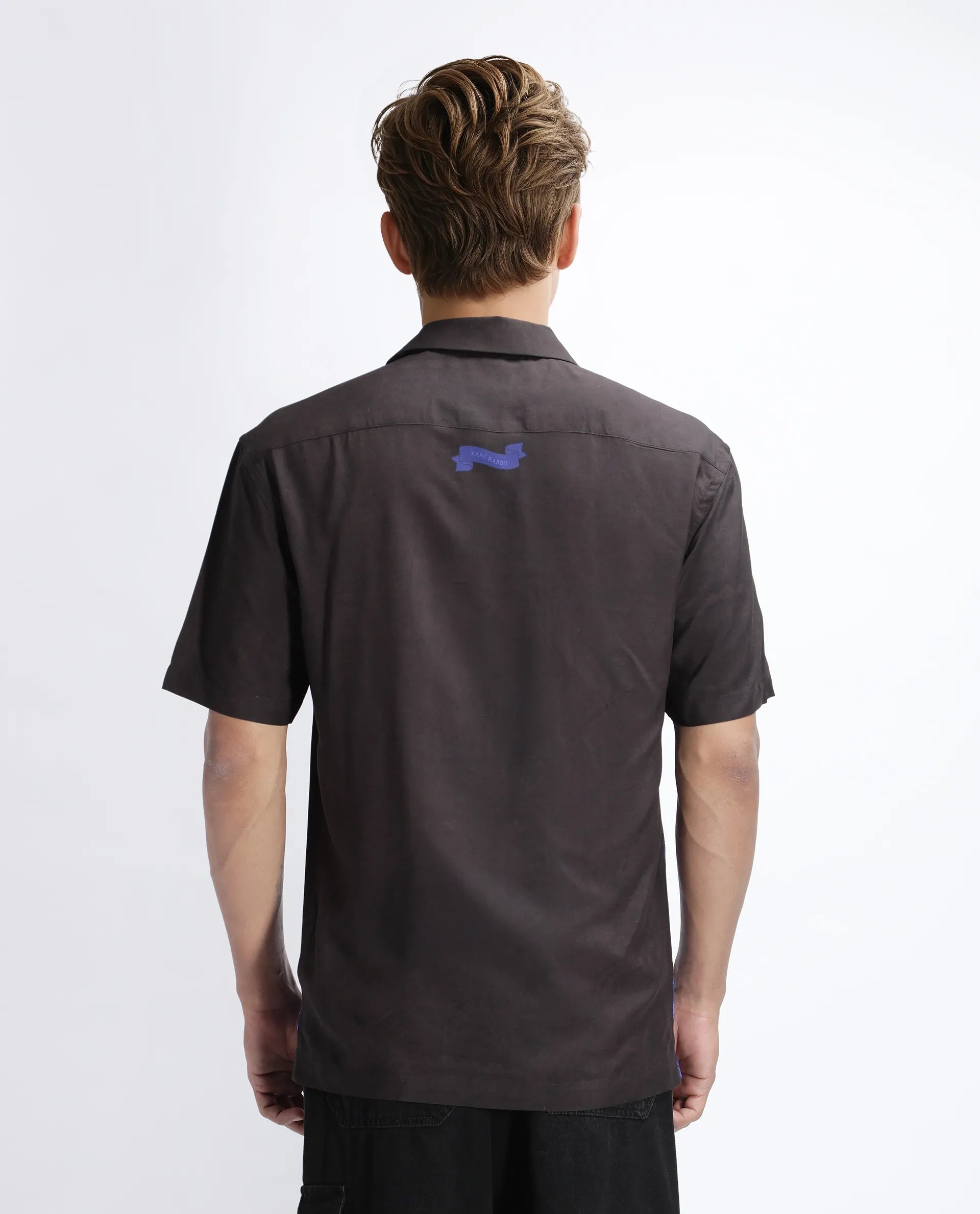 Rare Rabbit Men's Bem Dark Brown Viscose Abstract Print Boxy Fit Half Sleeve Cuban Collar Shirt