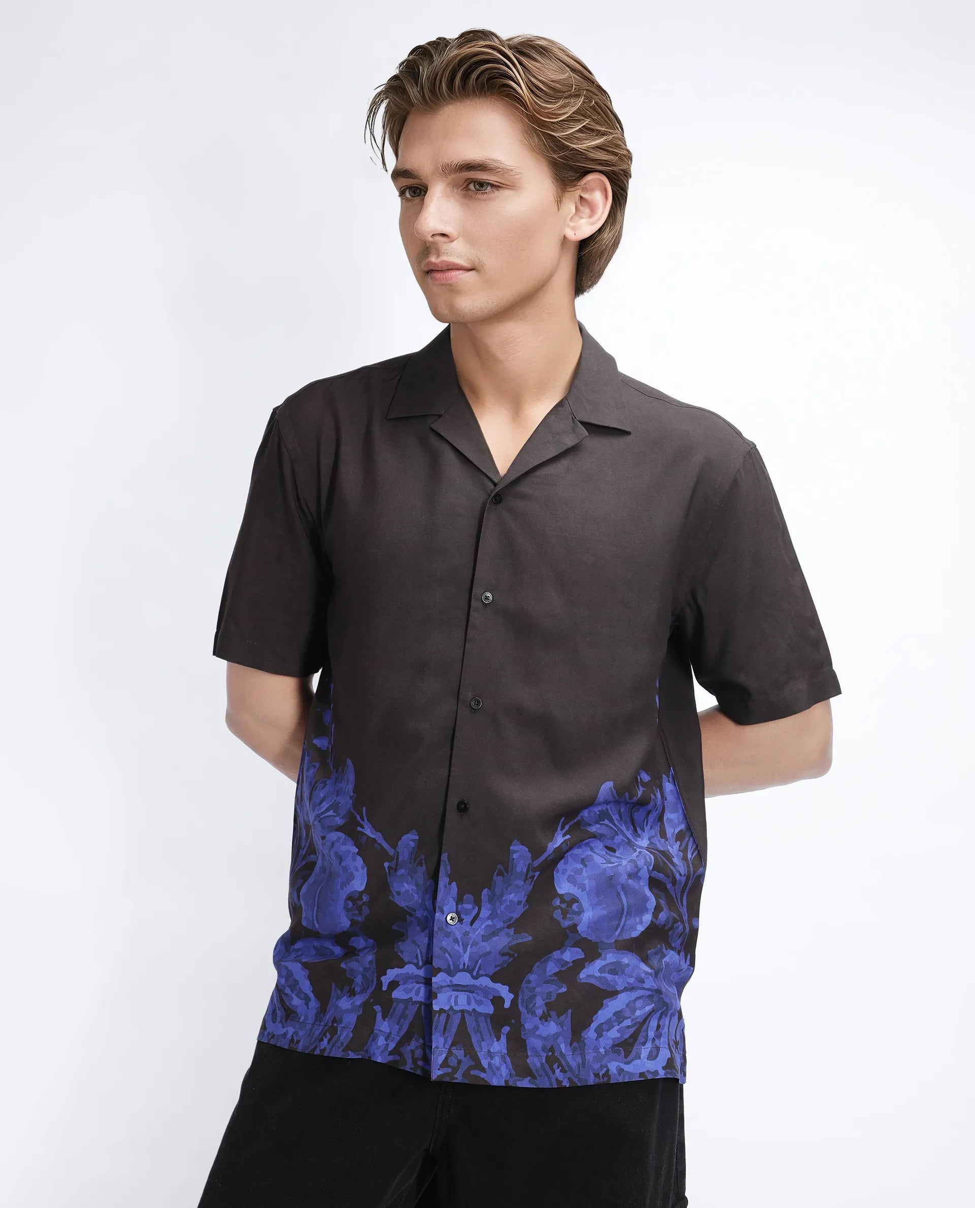 Rare Rabbit Men's Bem Dark Brown Viscose Abstract Print Boxy Fit Half Sleeve Cuban Collar Shirt