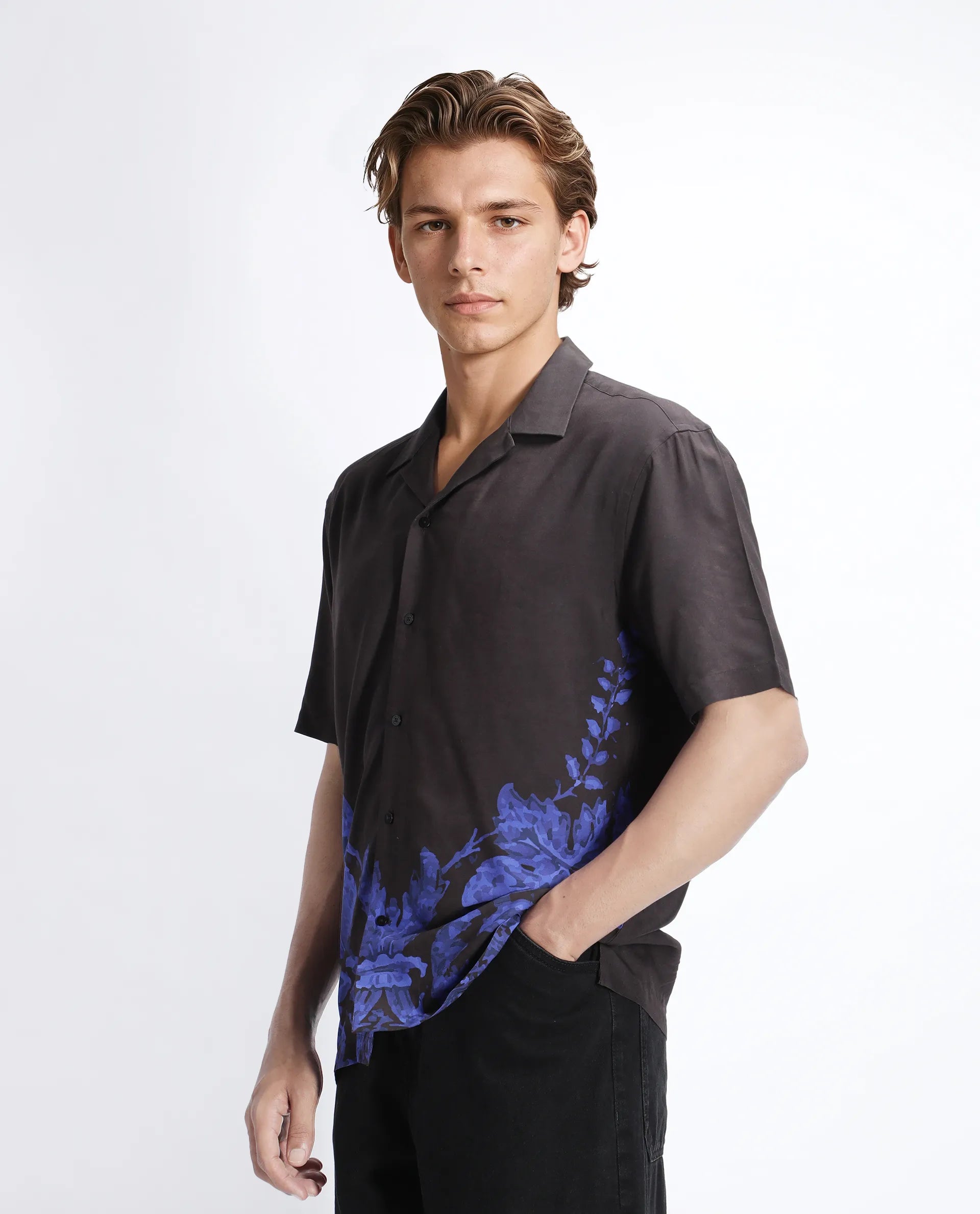 Rare Rabbit Men's Bem Dark Brown Viscose Abstract Print Boxy Fit Half Sleeve Cuban Collar Shirt