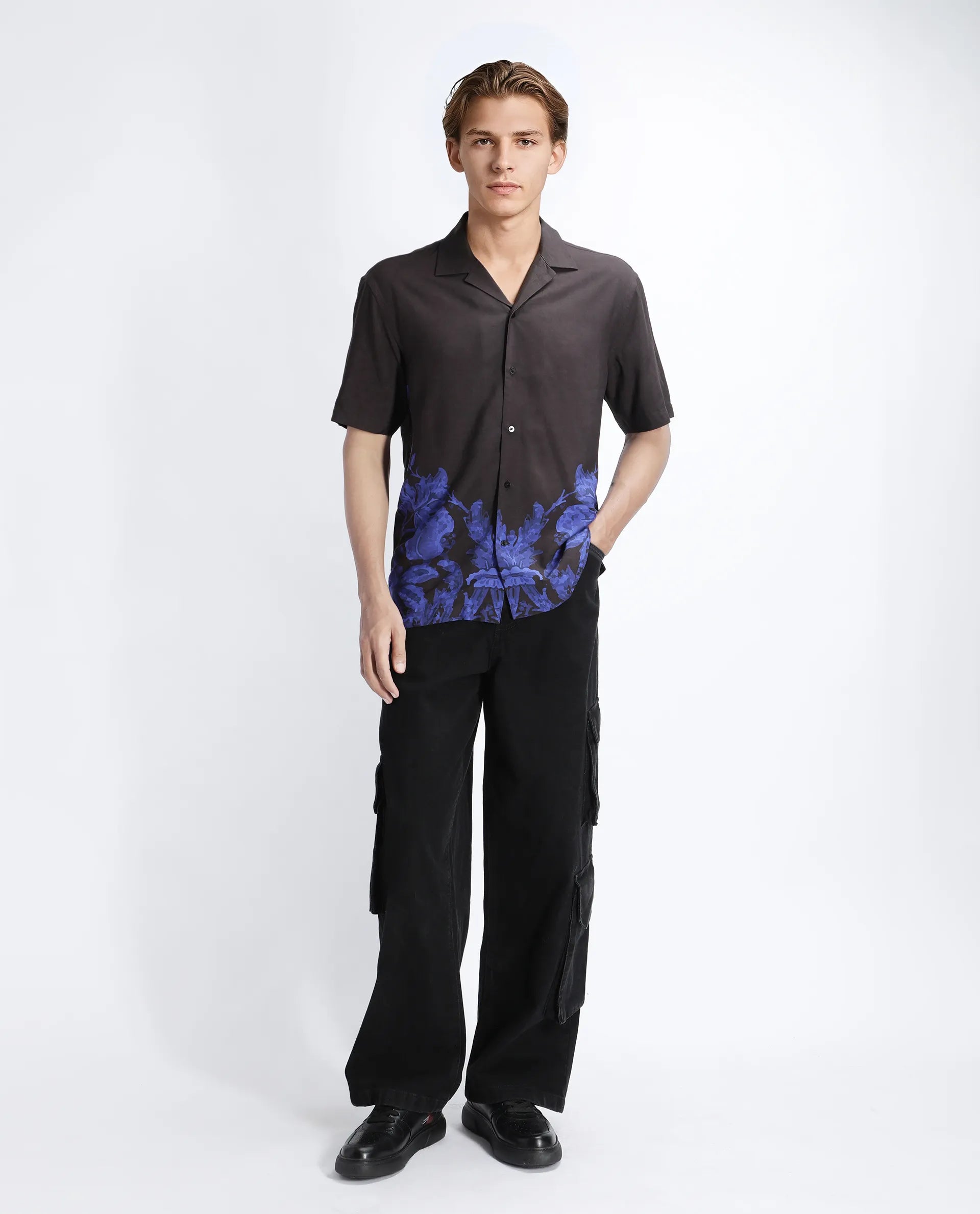 Rare Rabbit Men's Bem Dark Brown Viscose Abstract Print Boxy Fit Half Sleeve Cuban Collar Shirt