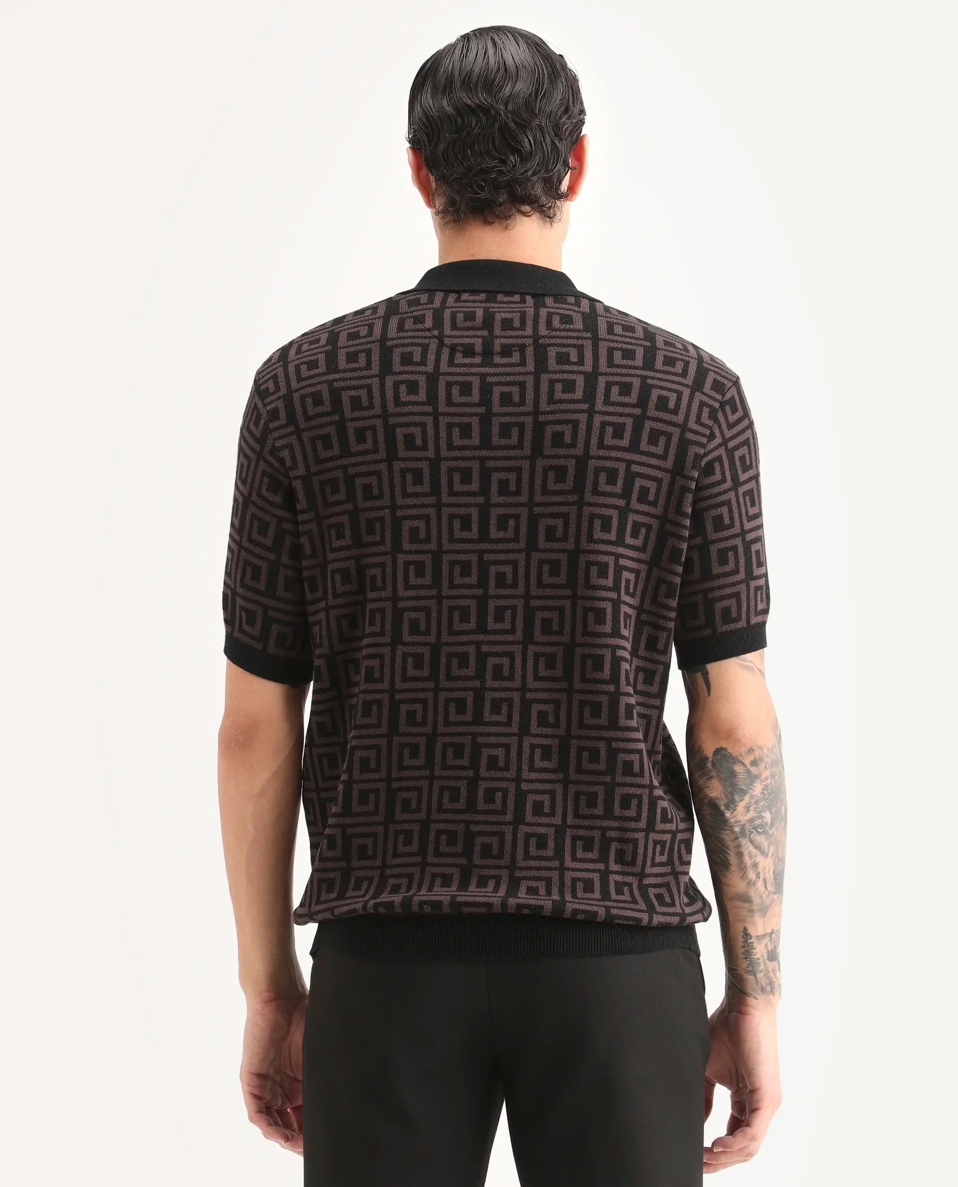 Rare Rabbit Men's Bennett Dark Brown Cotton Fabric Half Sleeve Regular Fit Geometric Print Polo