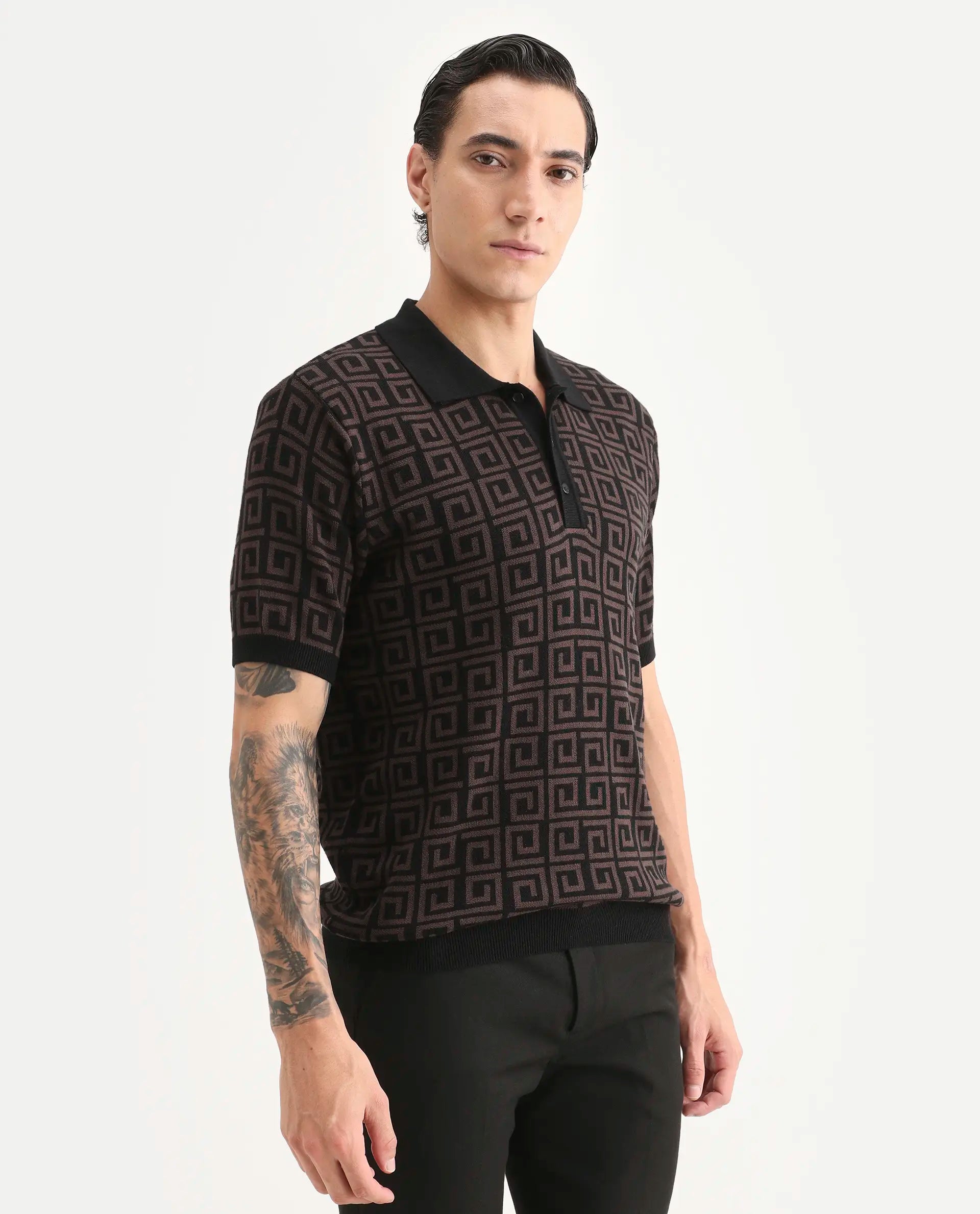 Rare Rabbit Men's Bennett Dark Brown Cotton Fabric Half Sleeve Regular Fit Geometric Print Polo