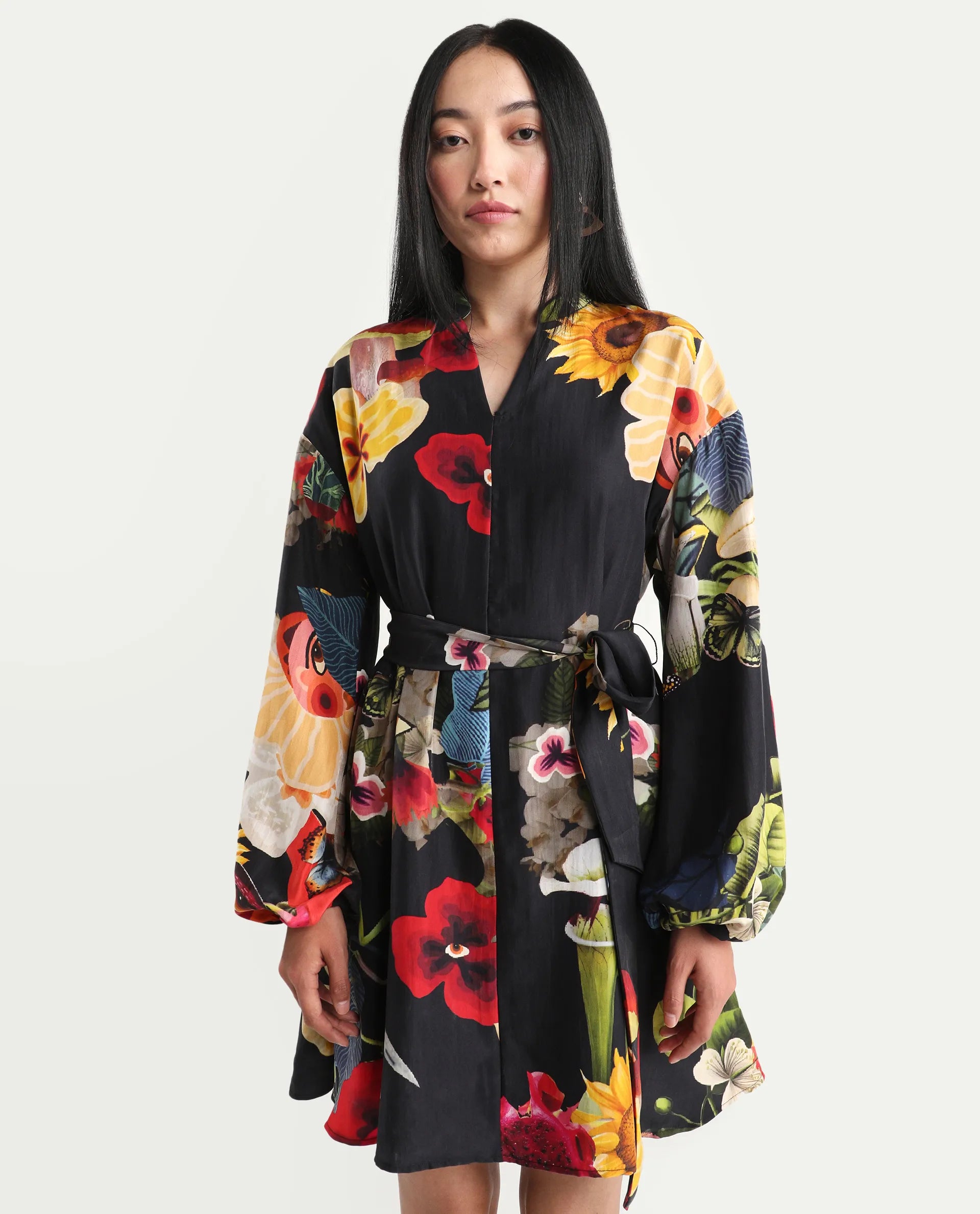 Rareism Women's Bemti Black Silk Full Sleeve Flared Abstract Print Dress