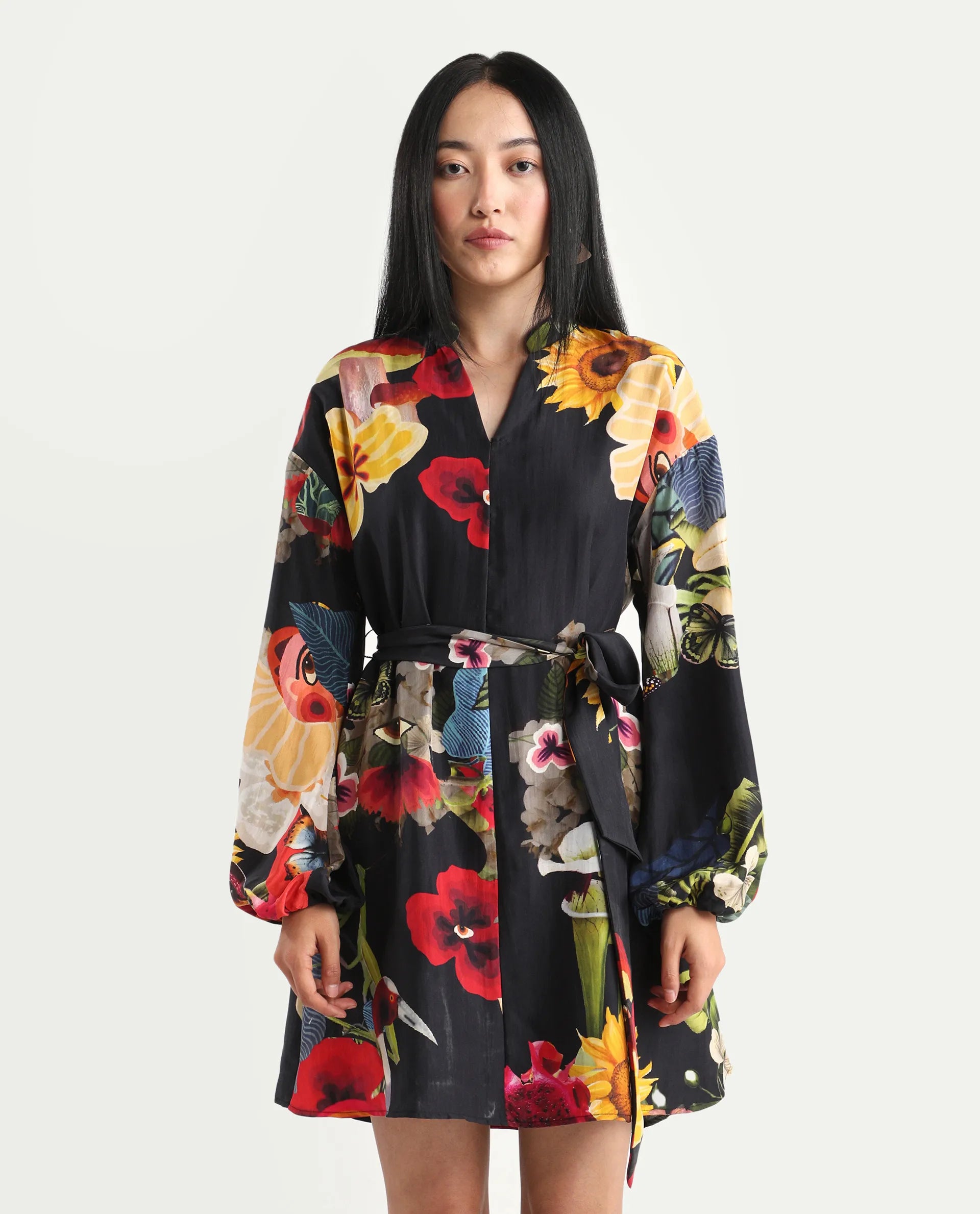 Rareism Women's Bemti Black Silk Full Sleeve Flared Abstract Print Dress