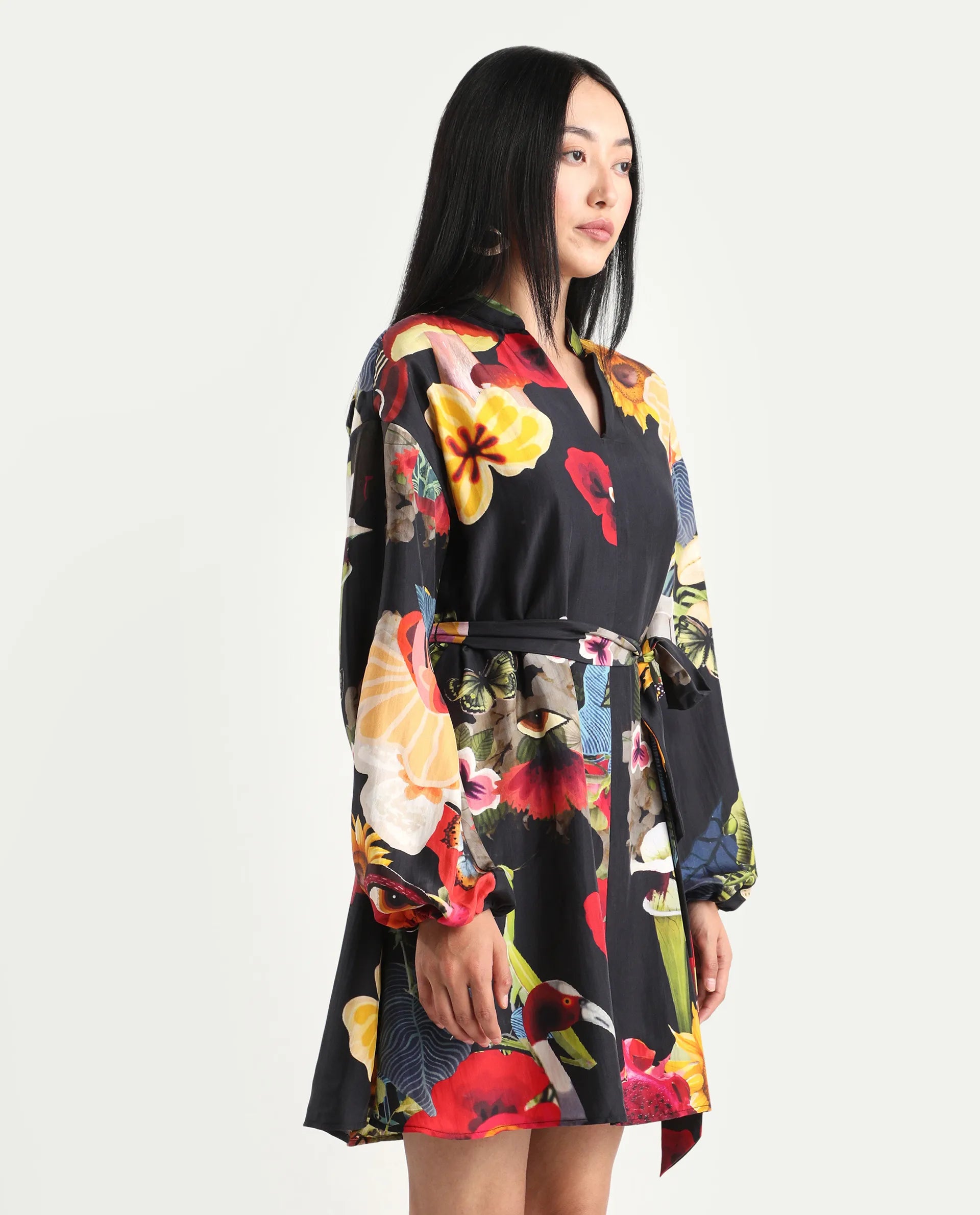 Rareism Women's Bemti Black Silk Full Sleeve Flared Abstract Print Dress