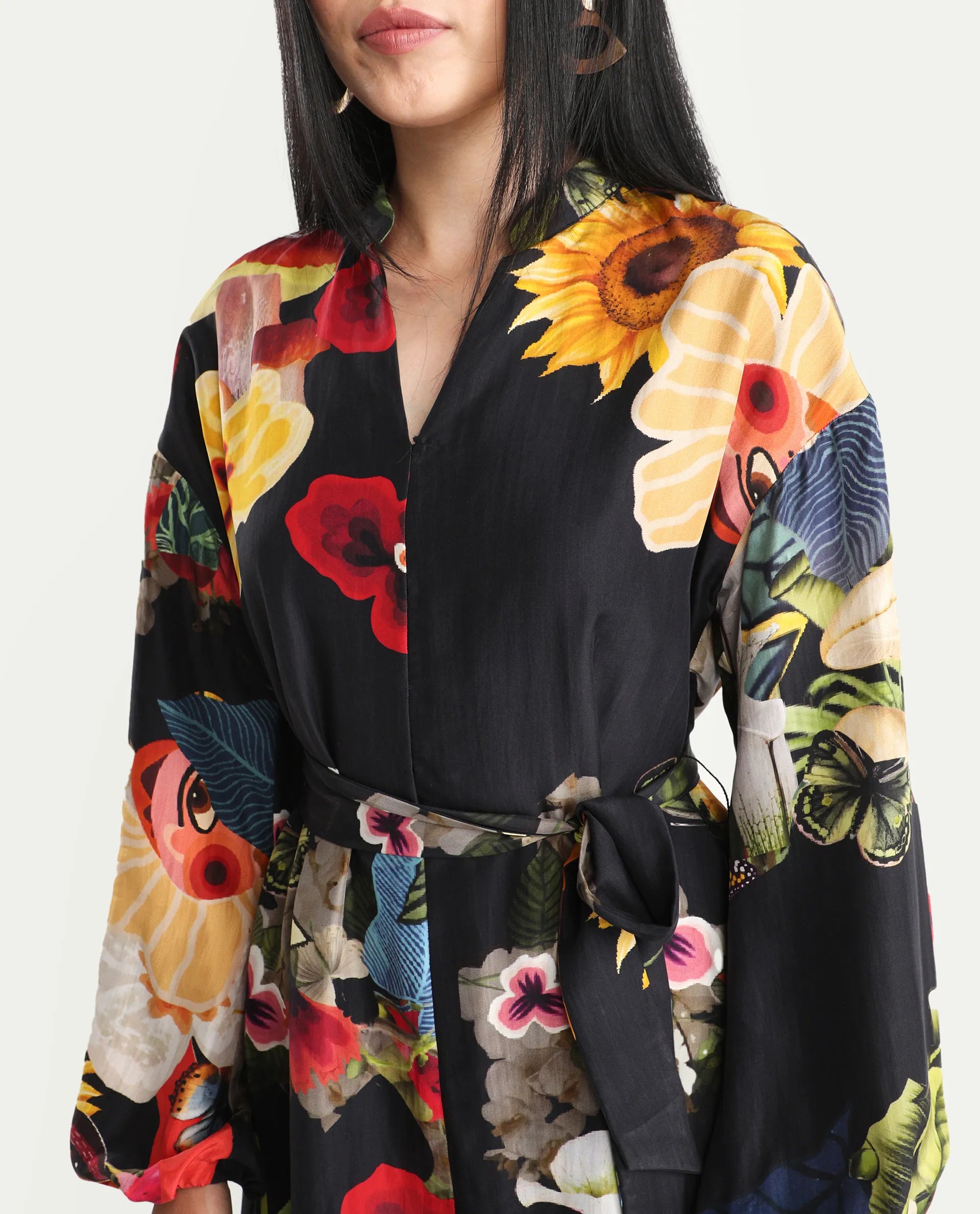 Rareism Women's Bemti Black Silk Full Sleeve Flared Abstract Print Dress