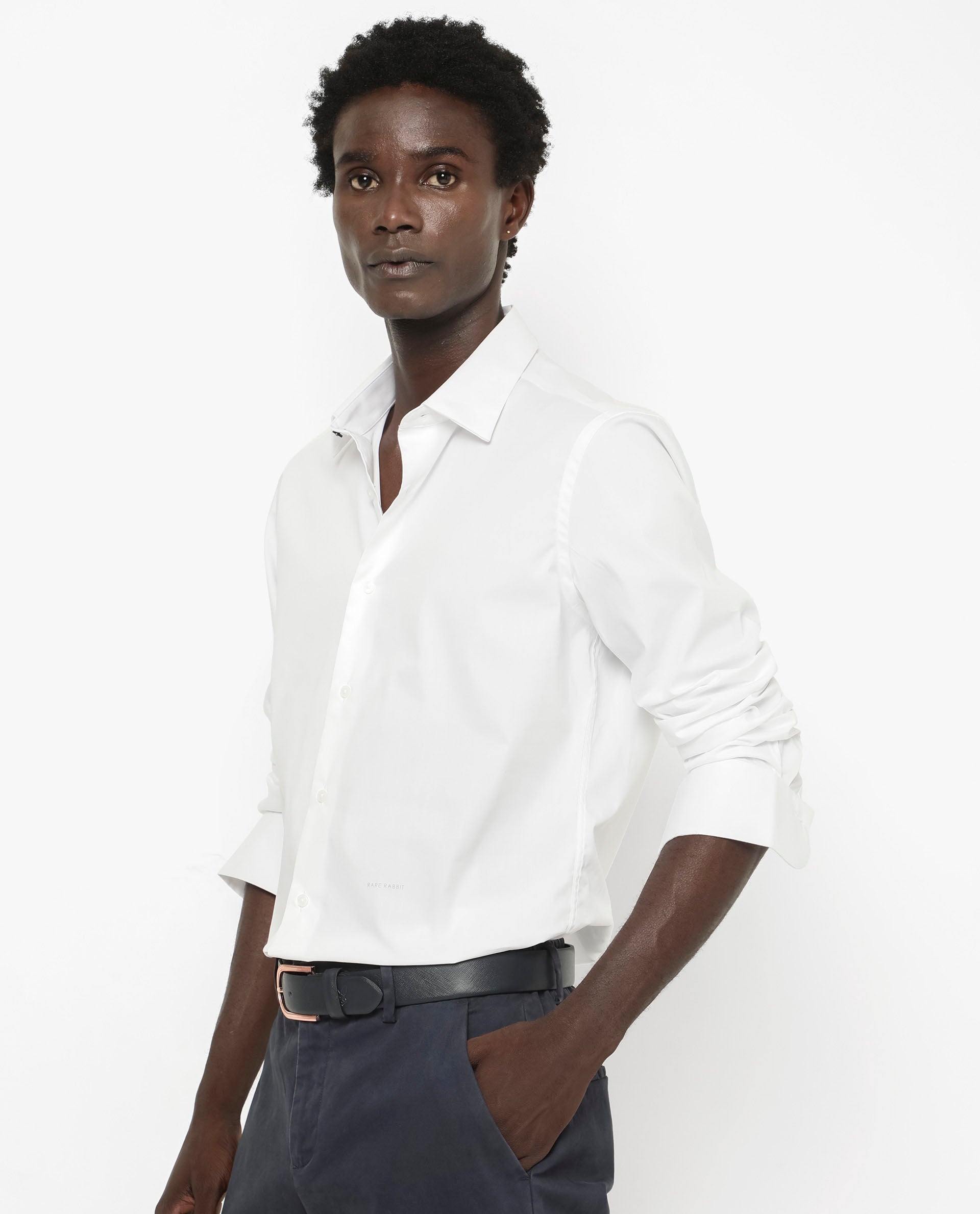 Rare Rabbit Men's Benedict White Cotton Poly Elastane Blend Fabric Full Sleeve Solid Formal Shirt