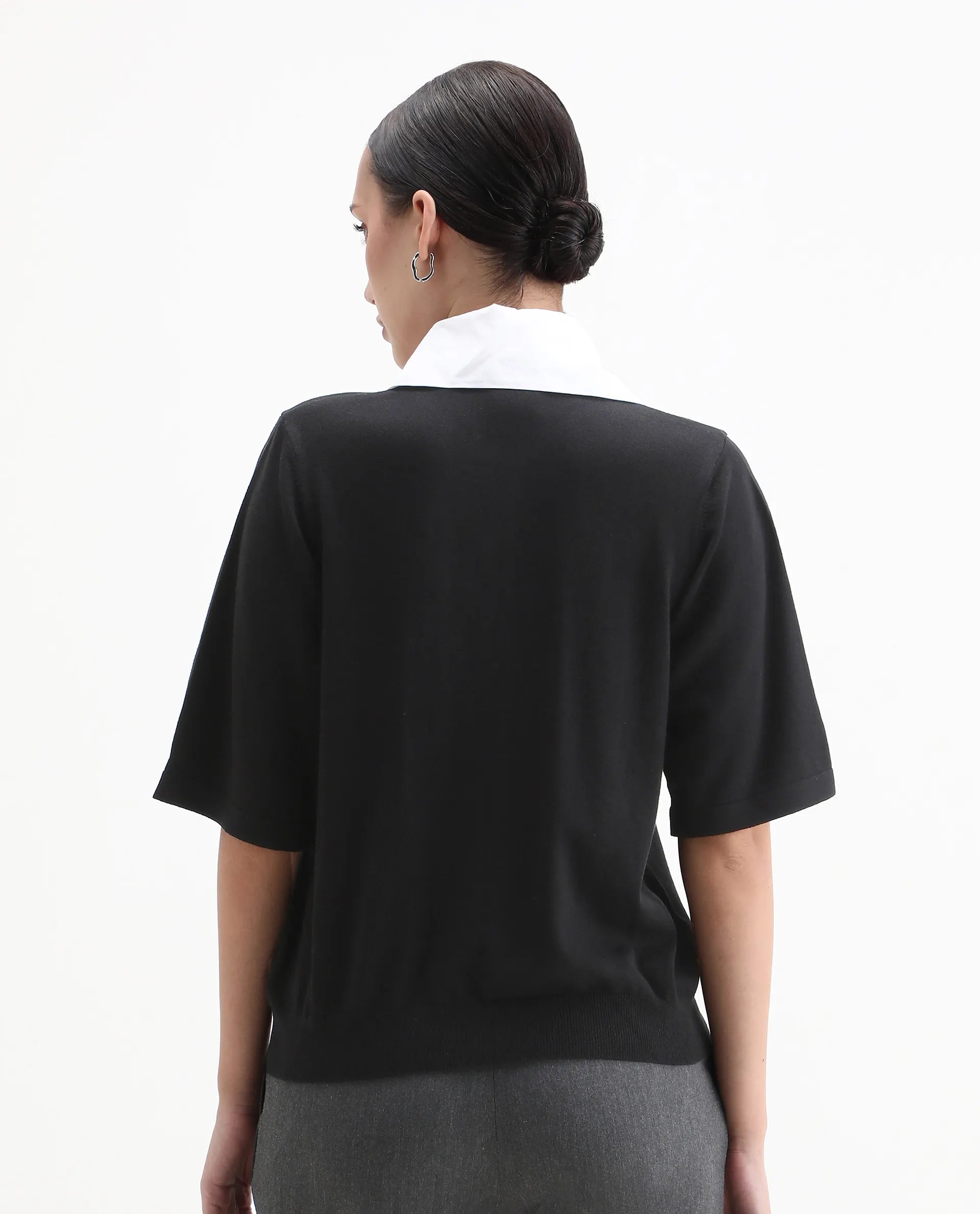 Rareism Women's Bene Black Drop Collar Plain Relaxed Fit Top