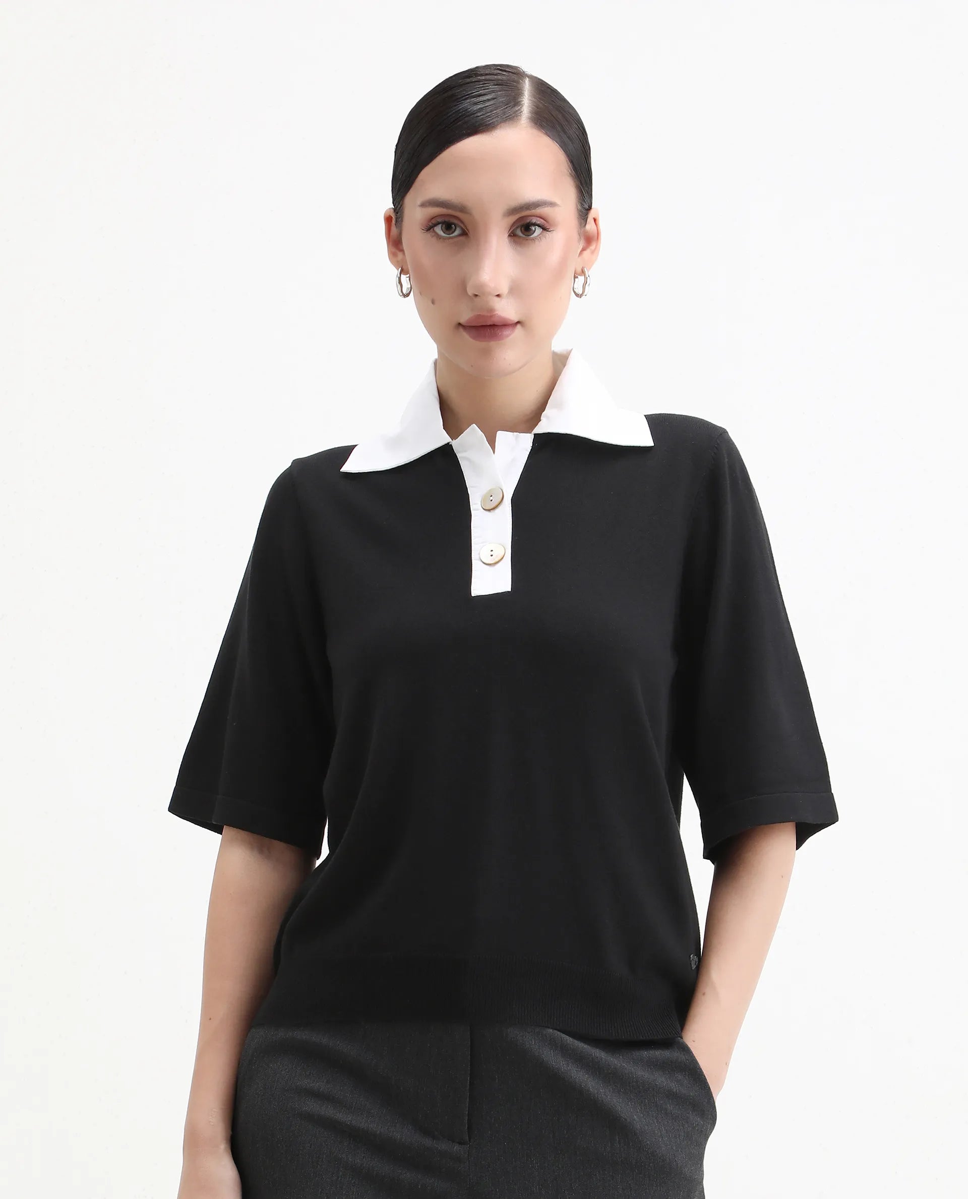 Rareism Women's Bene Black Drop Collar Plain Relaxed Fit Top