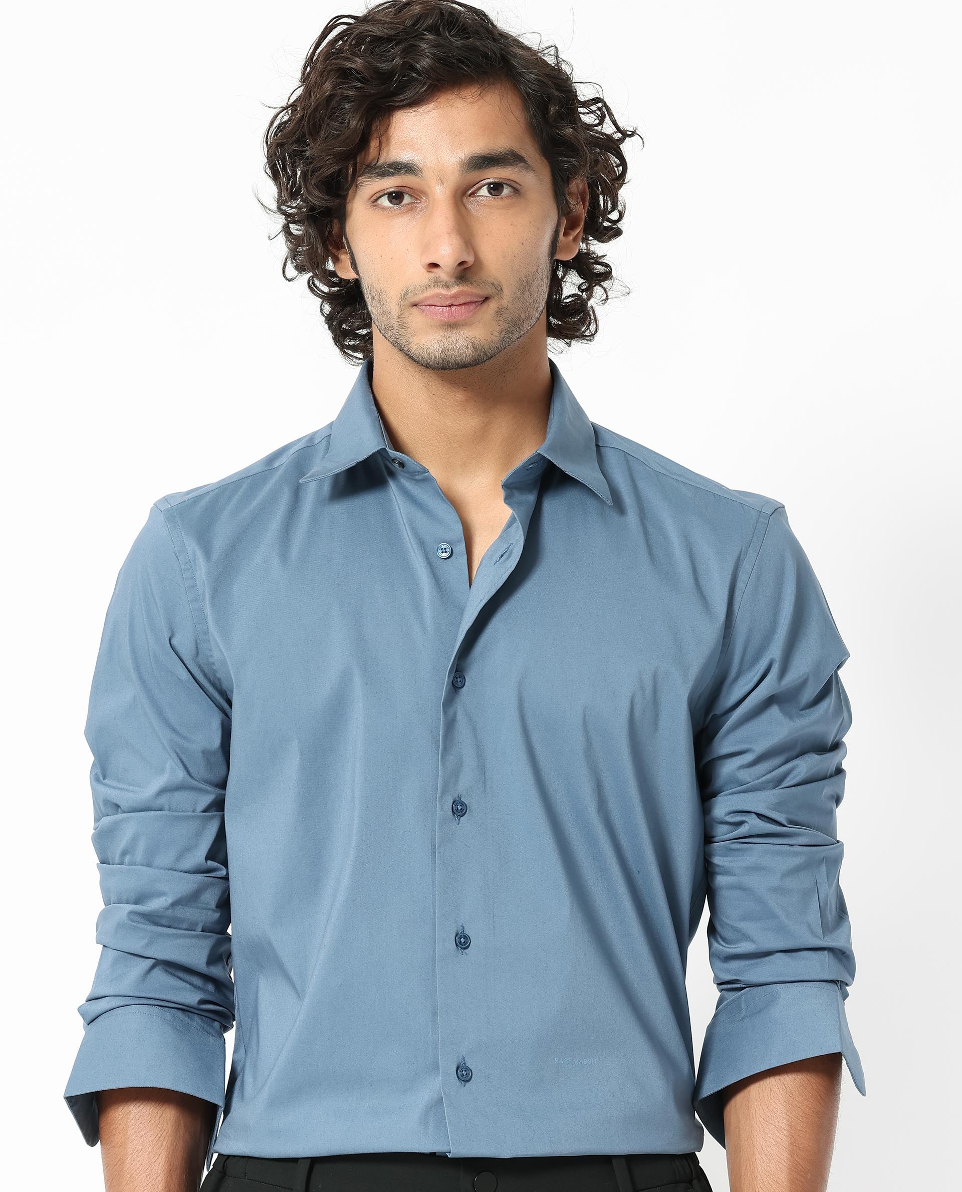 Rare Rabbit Men's Benedict Light Blue Cotton Plain Regular Fit Full Sleeve Collared Shirt