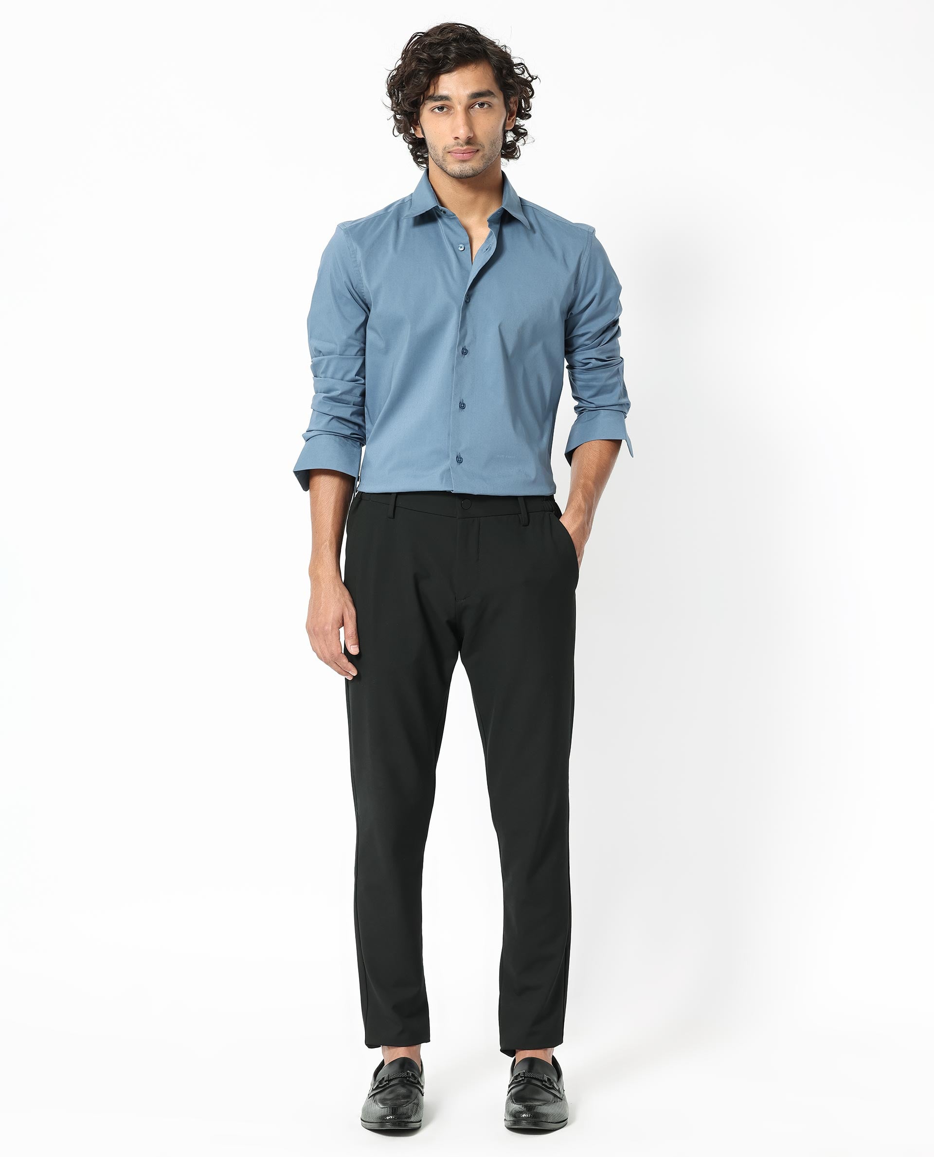 Rare Rabbit Men's Benedict Light Blue Cotton Plain Regular Fit Full Sleeve Collared Shirt