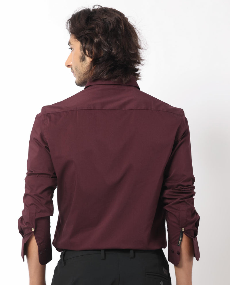 Rare Rabbit Mens Benedict Maroon Cotton Stretch Drop Collar Full Sleeve Solid Shirt