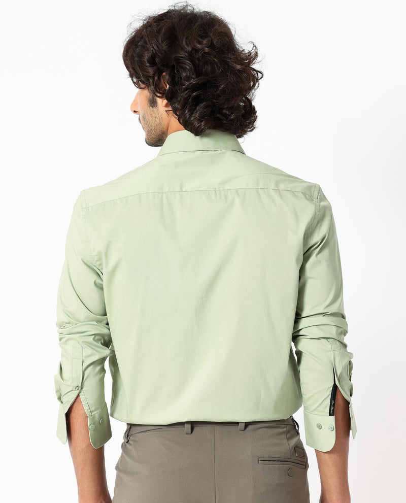 Rare Rabbit Mens Benedict Pastel Green Cotton Stretch Drop Collar Full Sleeve Solid Shirt