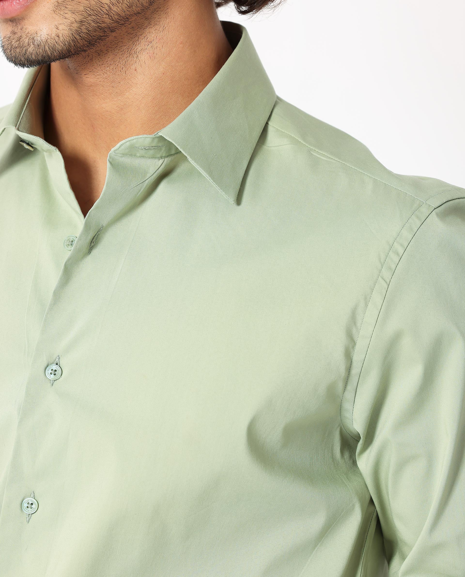 Rare Rabbit Mens Benedict Pastel Green Cotton Stretch Drop Collar Full Sleeve Solid Shirt