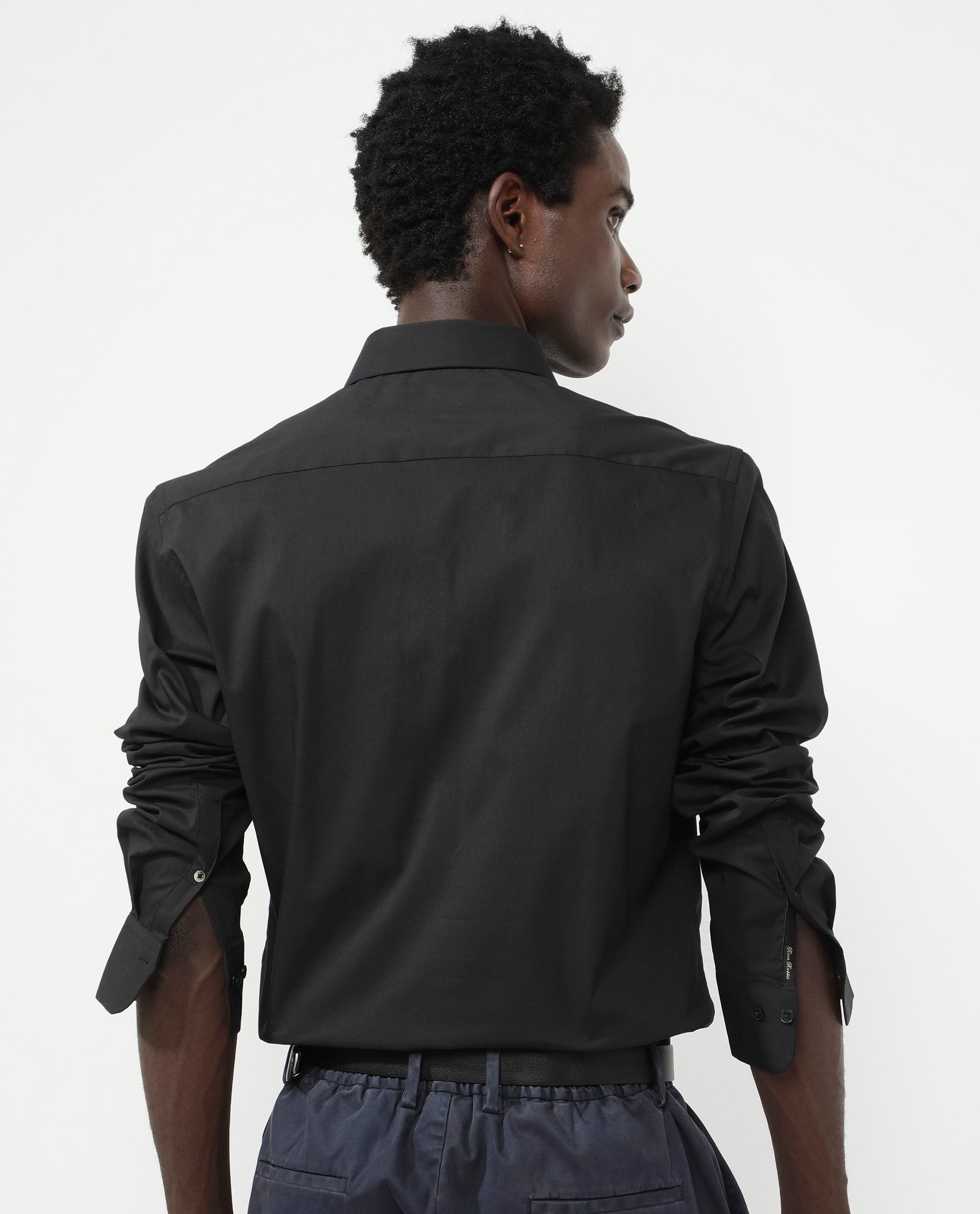 Rare Rabbit Men's Benedict Black Cotton Poly Elastane Blend Fabric Full Sleeve Solid Formal Shirt