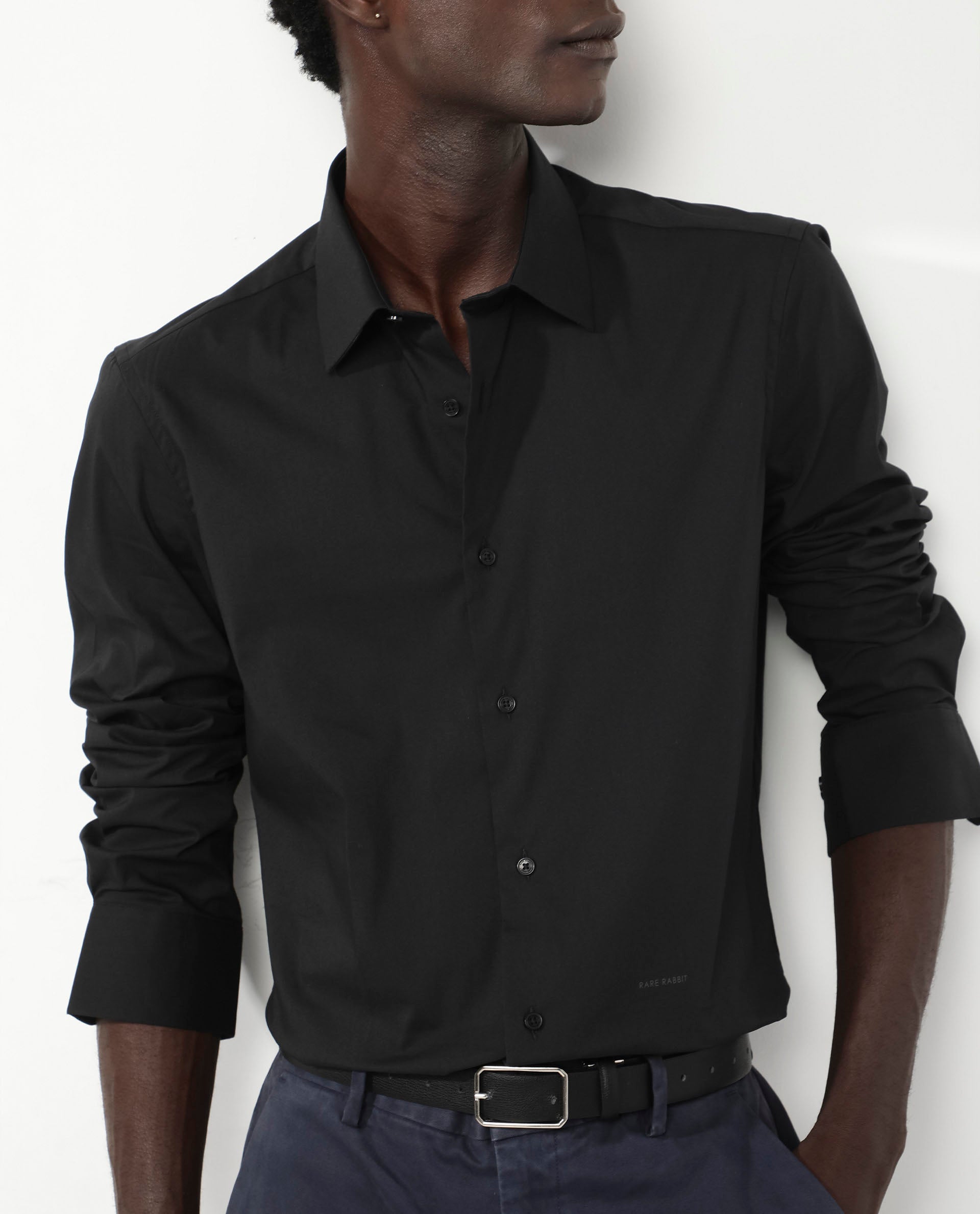 Rare Rabbit Men's Benedict Black Cotton Poly Elastane Blend Fabric Full Sleeve Solid Formal Shirt