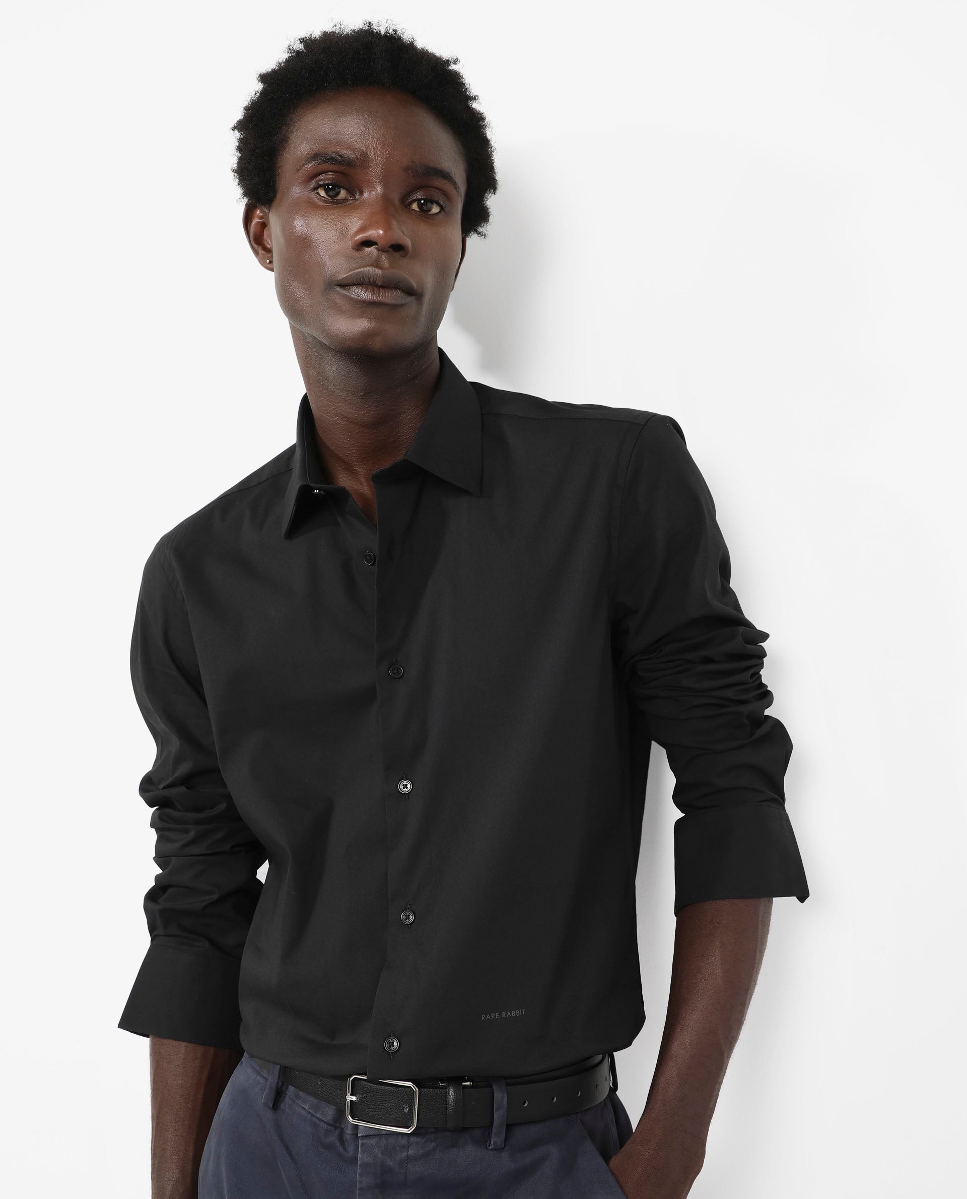 Rare Rabbit Men's Benedict Black Cotton Poly Elastane Blend Fabric Full Sleeve Solid Formal Shirt