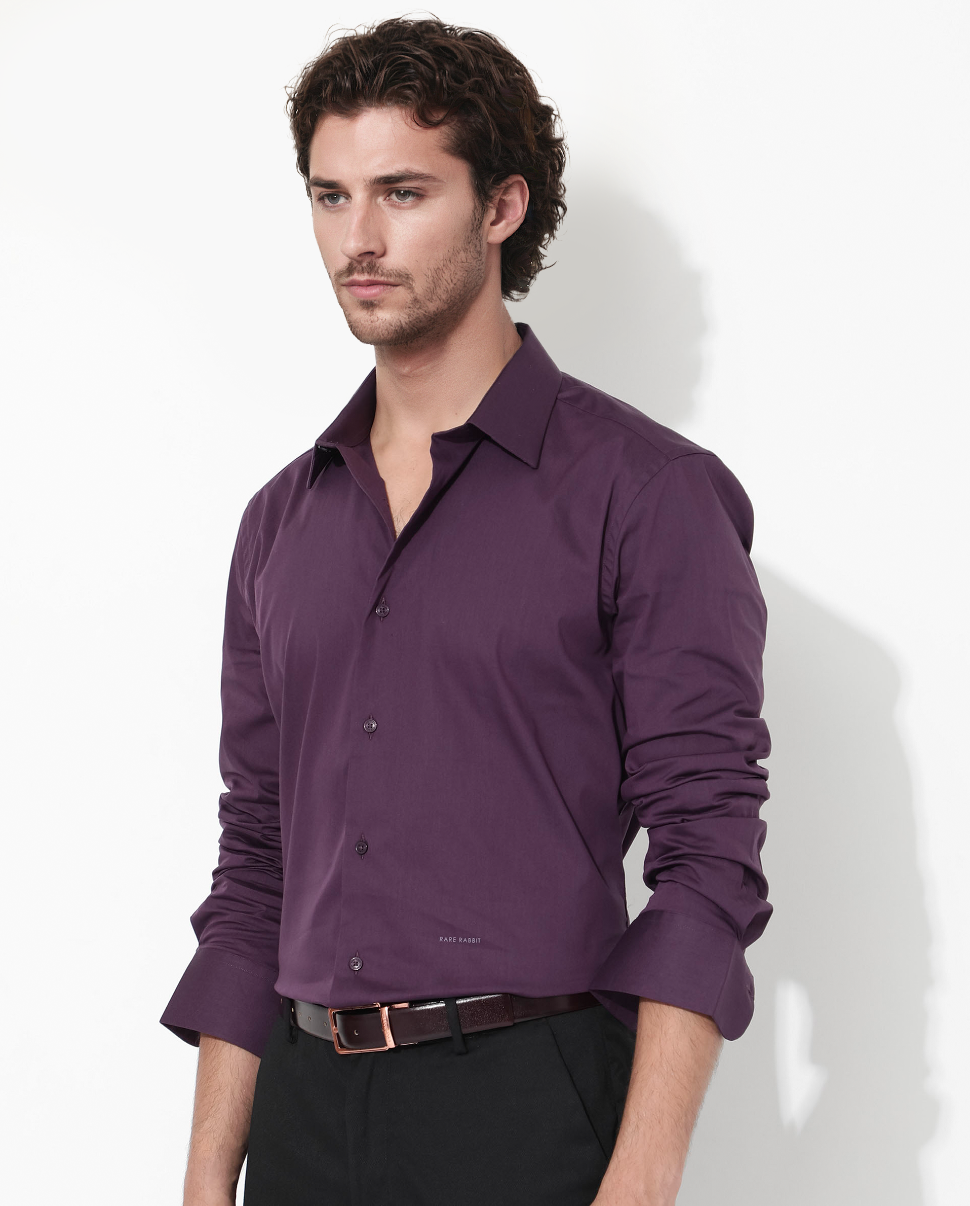 Rare Rabbit Men's Benedict Dark Purple Cotton Poly Elastane Blend Fabric Full Sleeve Solid Formal Shirt