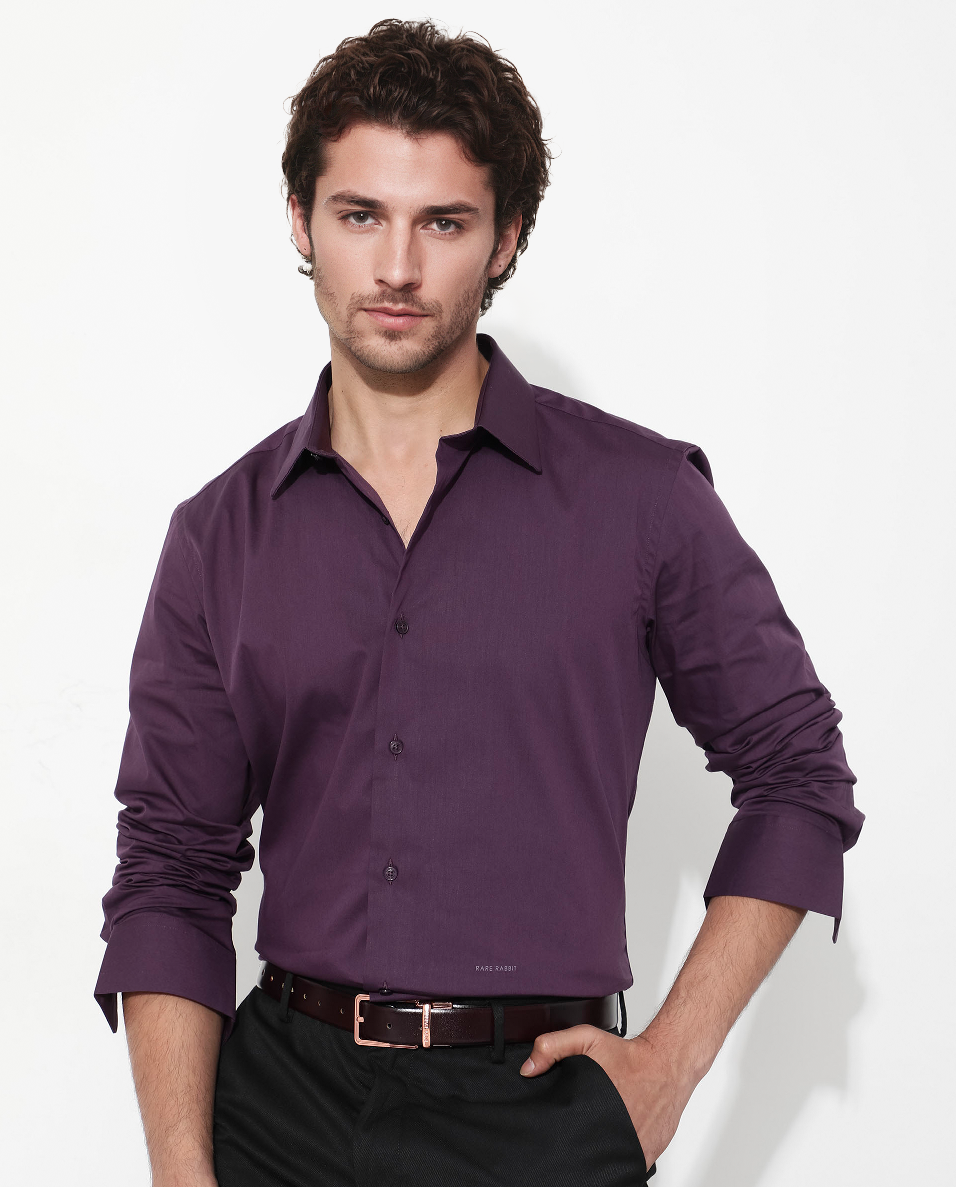 Rare Rabbit Men's Benedict Dark Purple Cotton Poly Elastane Blend Fabric Full Sleeve Solid Formal Shirt