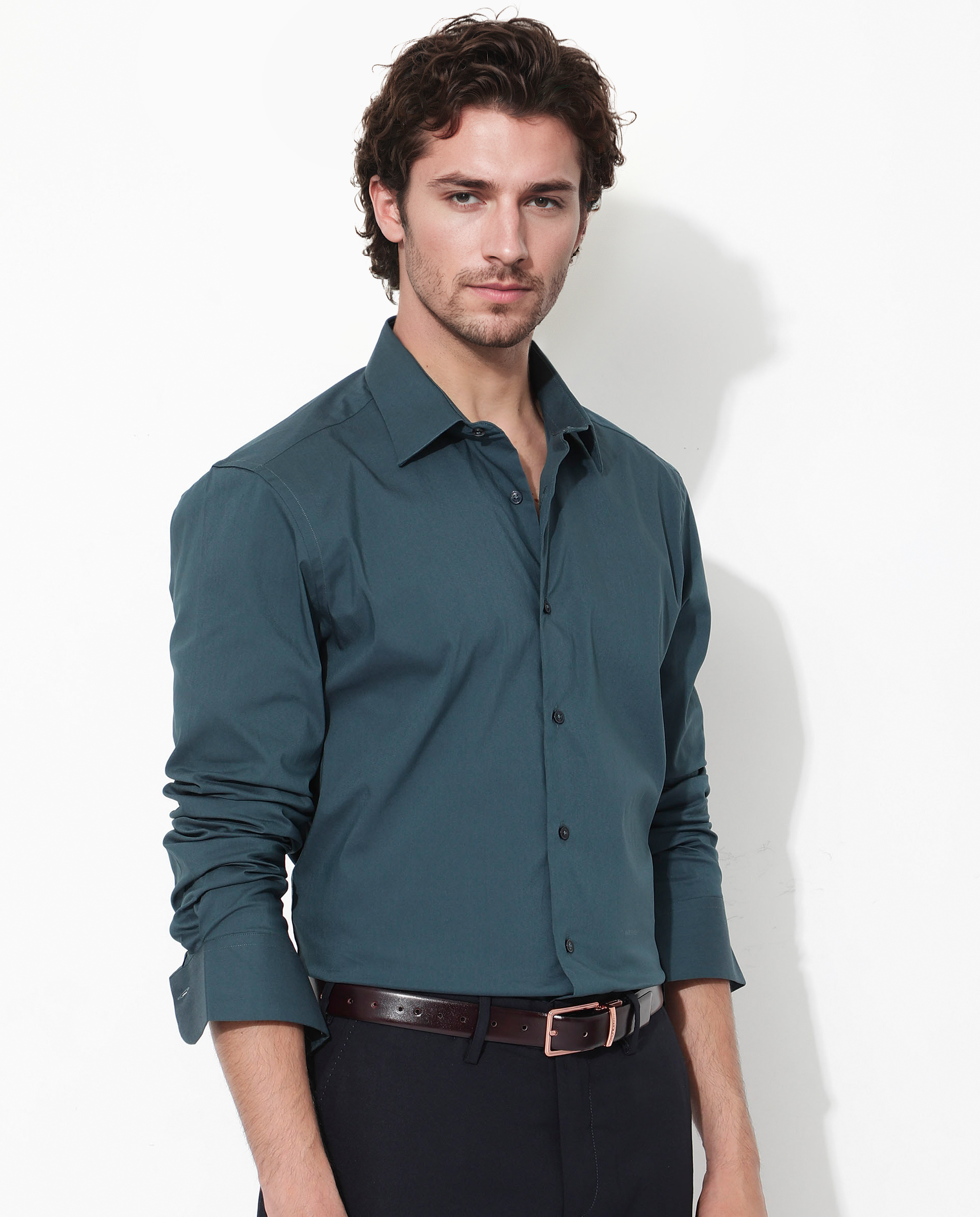 Rare Rabbit Men's Benedict Dark Teal Cotton Poly Elastane Blend Fabric Full Sleeve Solid Formal Shirt