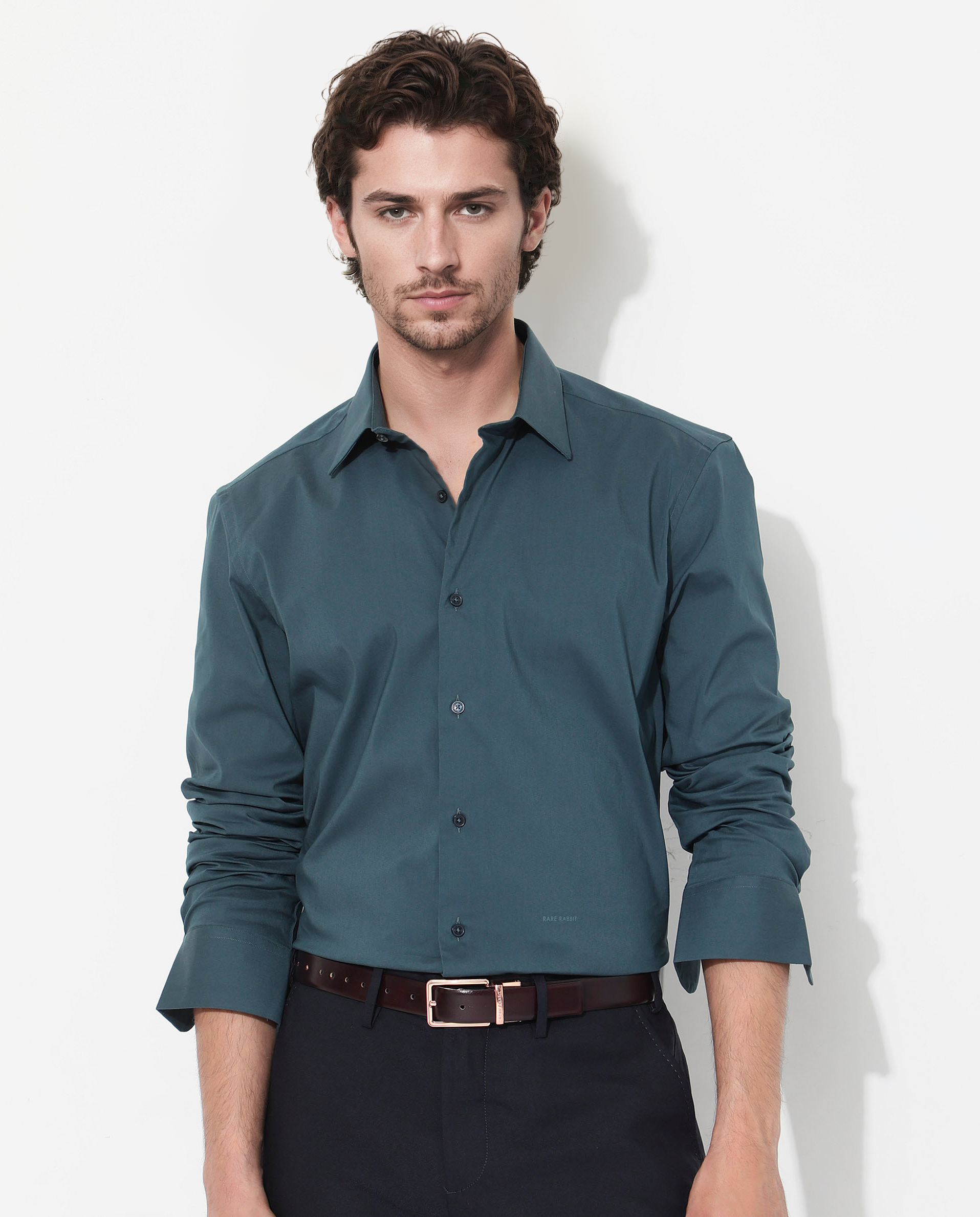 Rare Rabbit Men's Benedict Dark Teal Cotton Poly Elastane Blend Fabric Full Sleeve Solid Formal Shirt