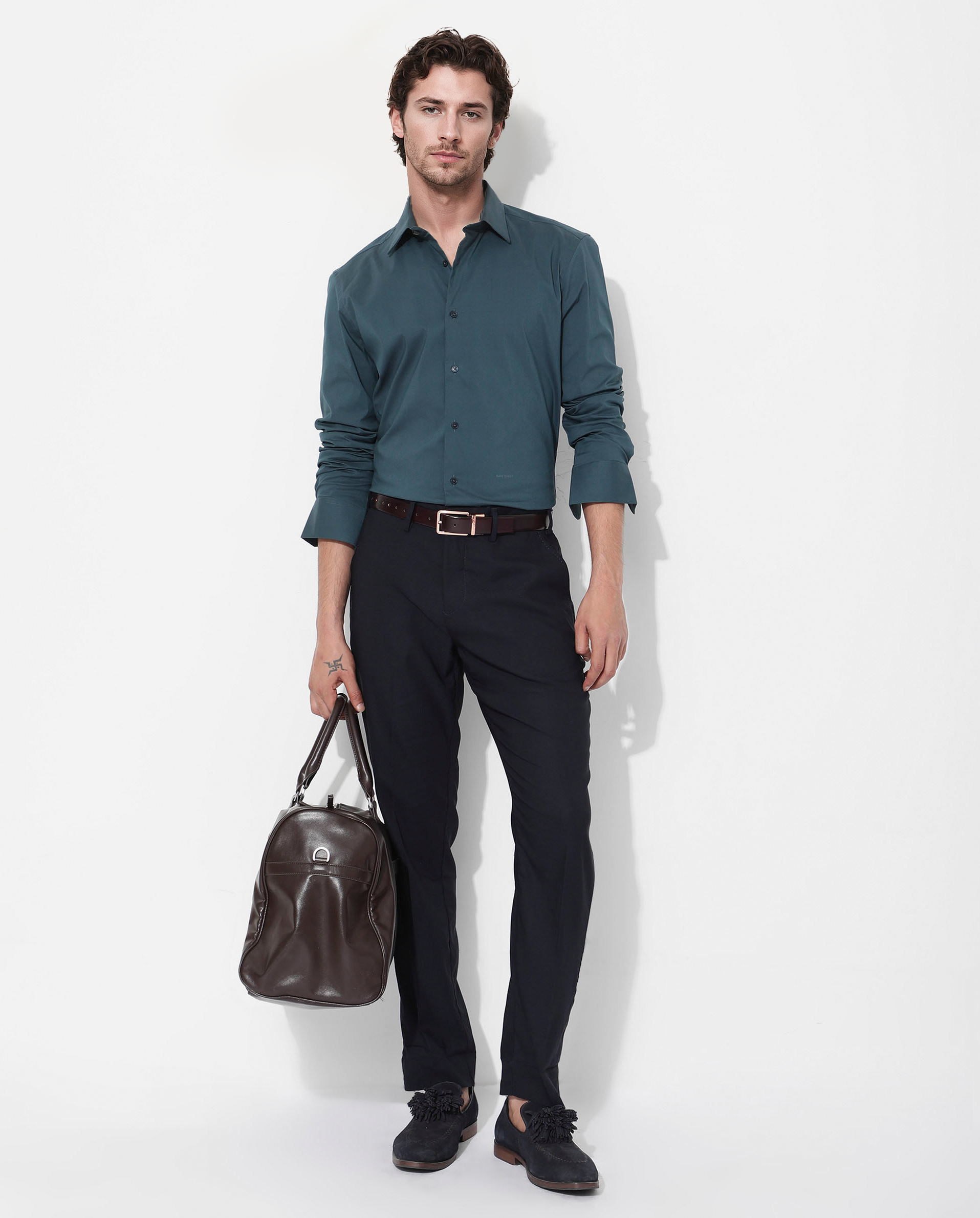 Rare Rabbit Men's Benedict Dark Teal Cotton Poly Elastane Blend Fabric Full Sleeve Solid Formal Shirt