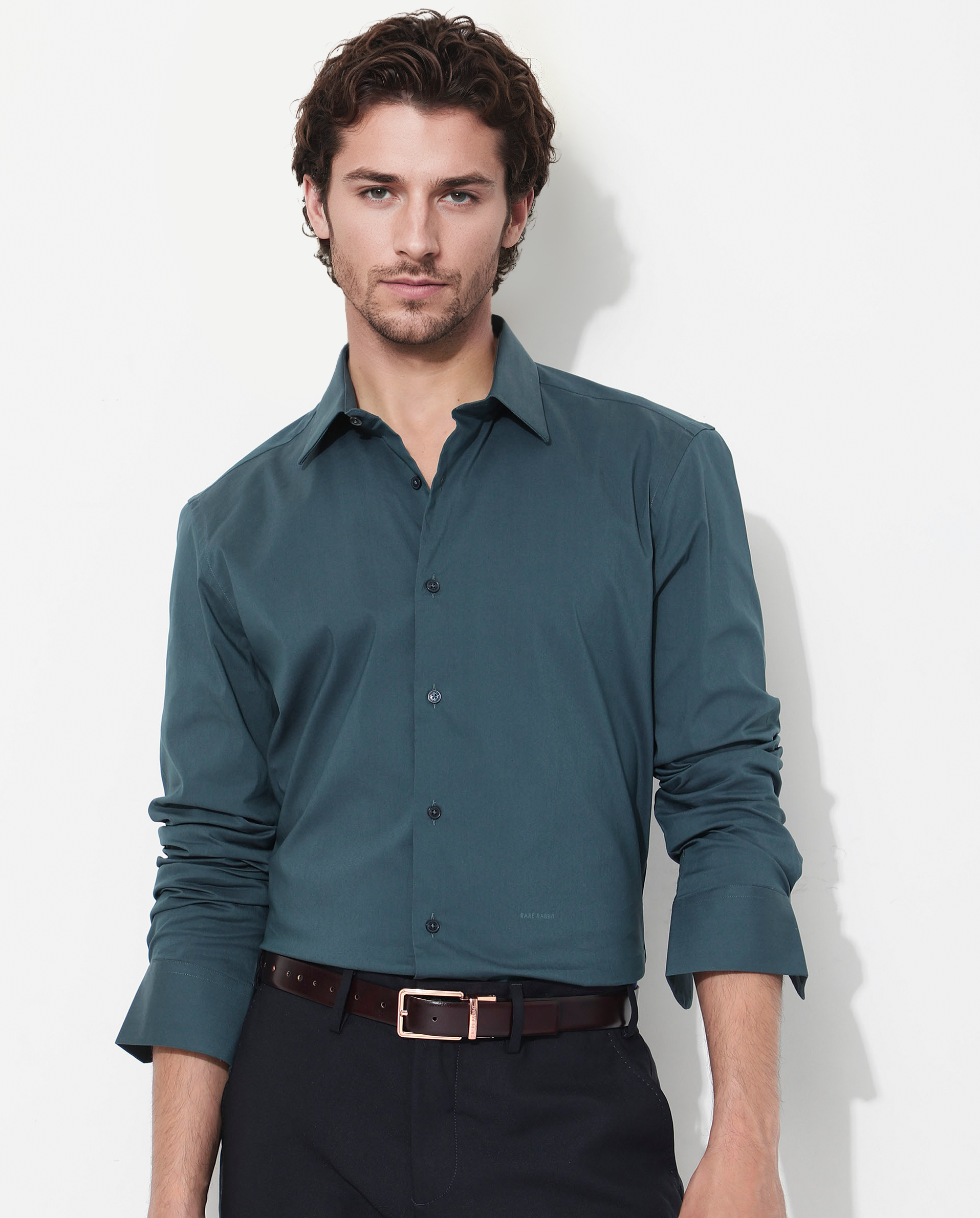Rare Rabbit Men's Benedict Dark Teal Cotton Poly Elastane Blend Fabric Full Sleeve Solid Formal Shirt