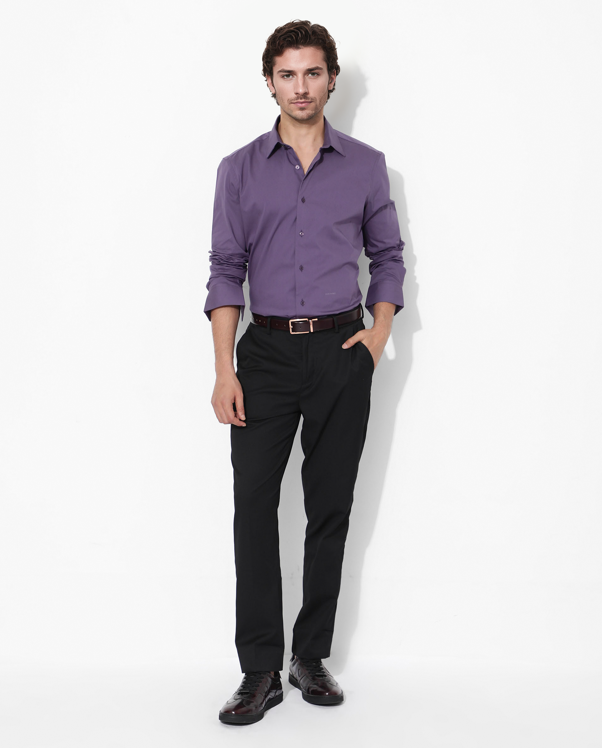 Rare Rabbit Men's Benedict Dusky Purple Cotton Poly Elastane Blend Fabric Full Sleeve Solid Formal Shirt